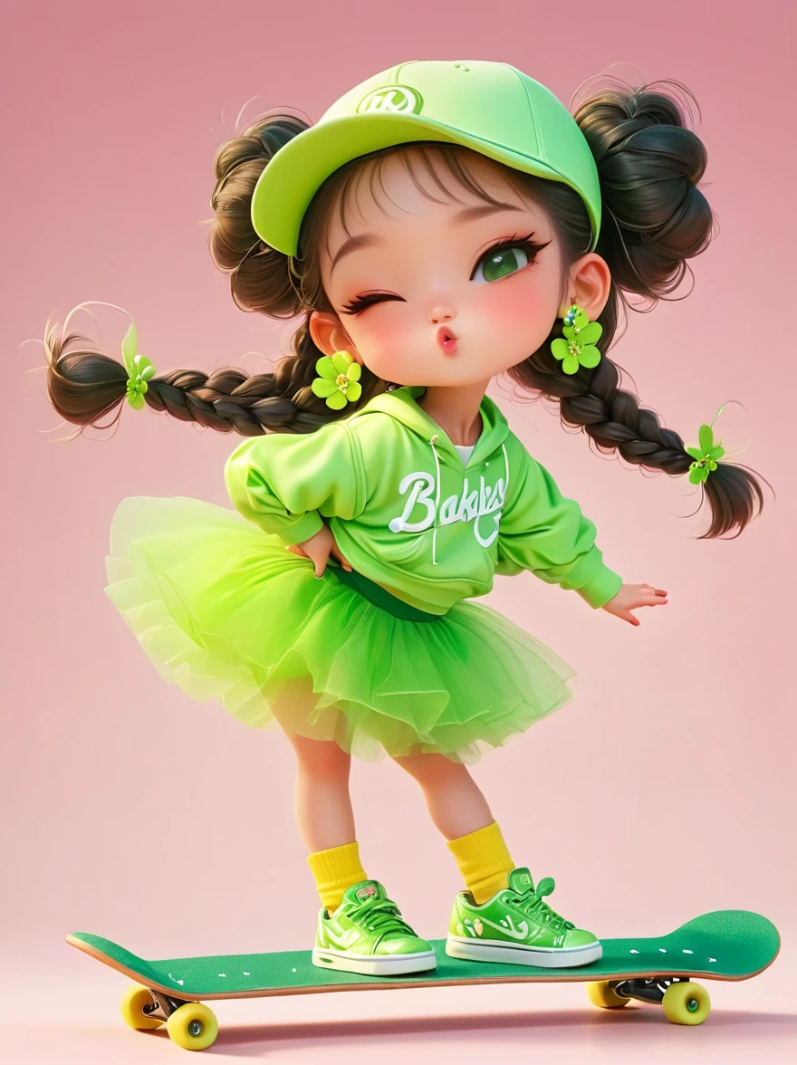 1 Girl, Wearing a bright yellow-green baseball uniform, Green Sequined Tulle Skirt, Green baseball cap, Double bun and flower earrings, Green sneakers, strike a playful pose, Standing on a skateboard, (Close one eye:1.3), Green Eyes, Cute ears, Pouting cute little mouth, faint blush, Proud, Cartoon Style, full-body shot, Created with C4D and Blender, Blind box toy styles, Super Detail, Anatomically correct, masterpiece, precise