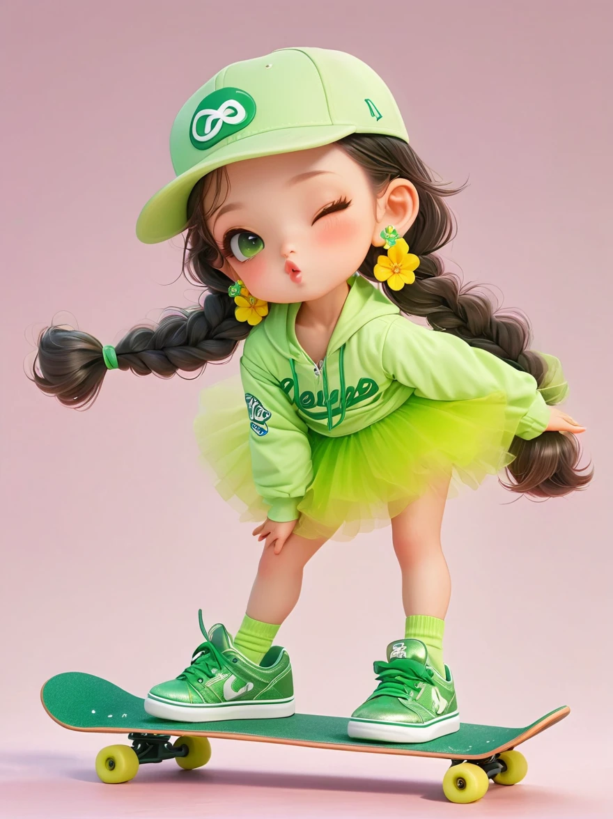 1 Girl, Wearing a bright yellow-green baseball uniform, Green Sequined Tulle Skirt, Green baseball cap, Double bun and flower earrings, Green sneakers, strike a playful pose, Standing on a skateboard, (Close one eye:1.3), Green Eyes, Cute ears, Pouting cute little mouth, faint blush, Proud, Cartoon Style, full-body shot, Created with C4D and Blender, Blind box toy styles, Super Detail, Anatomically correct, masterpiece, precise