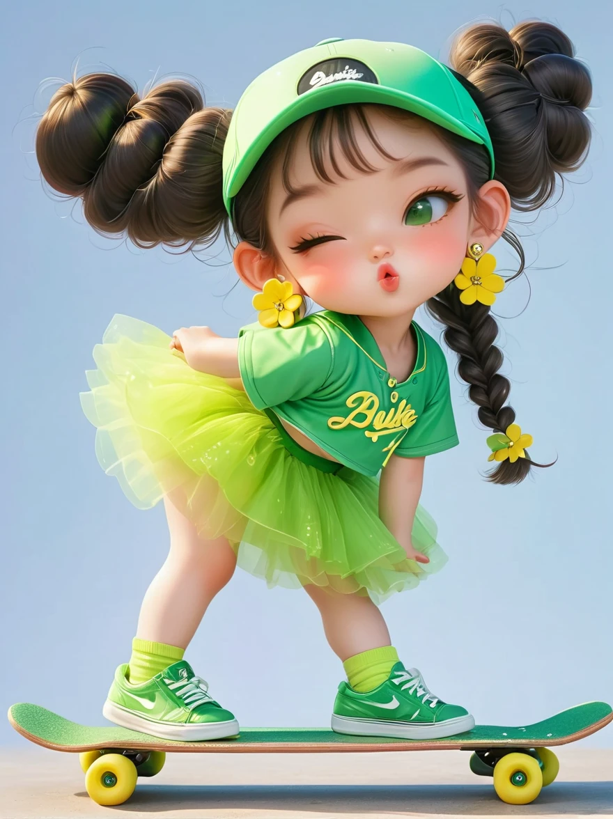 1 Girl, Wearing a bright yellow-green baseball uniform, Green Sequined Tulle Skirt, Green baseball cap, Double bun and flower earrings, Green sneakers, strike a playful pose, Standing on a skateboard, (Close one eye:1.3), Green Eyes, Cute ears, Pouting cute little mouth, faint blush, Proud, Cartoon Style, full-body shot, Created with C4D and Blender, Blind box toy styles, Super Detail, Anatomically correct, masterpiece, precise