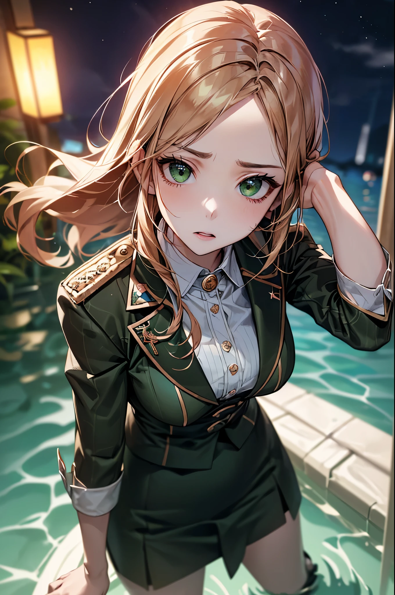 ((Biologically correct limb count))、(( whole body including face))、4K、Masterpiece、((Focus on the face))、((Symmetrical, well-proportioned facial features))、Eyes with delicate depictions、(((1 person)))、Beautiful woman、Outstanding style、Slender Body、、((Green military uniform、shirt、Checked Skirt,(High heels)))、(((Above the water)))、(Troubled face)、(Close-up photo of the upper body)、High angle、Photos with a white border around them、night、