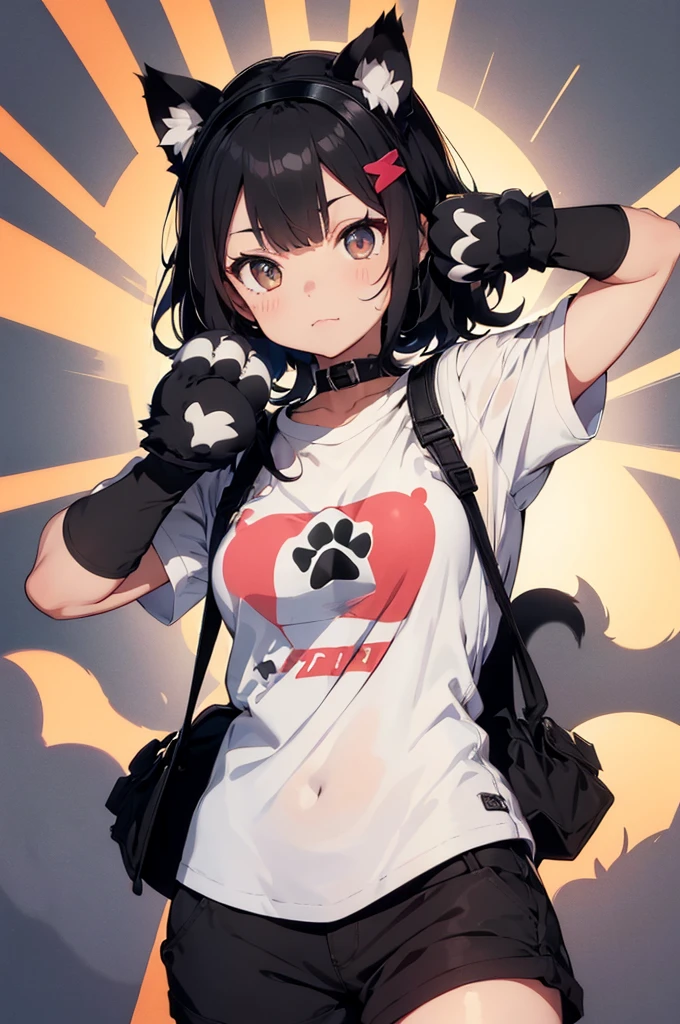 flat color,(1girl,japanese,15yo,((Paw-shaped hair accessory),(Black Paw Glove:1.5)),Cat ears headband,arms up,detailed face,BREAK (Black hair,wavy-short hair),parallel eyebrows,eyes with large irises,blunt bangs,small nose, fresh lips,small breasts,(5feet tall)),. very happy,. BREAK Oversized cat t-shirts,short cargo pants,high-top sneakers,