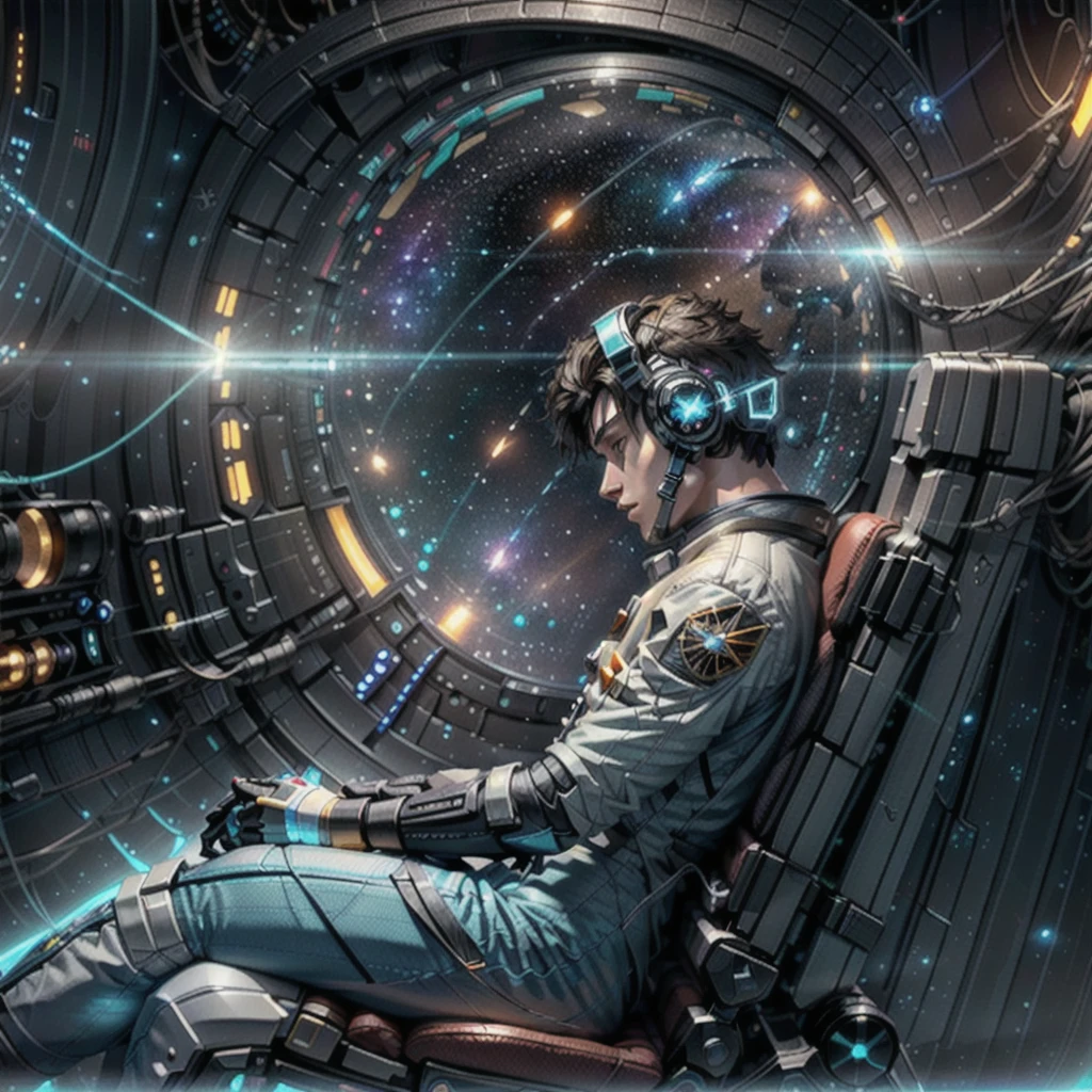 sideback view of male pilot looking half-turned at viewer and holding holographic navigation device in hands, sitting in chair in cockpit of spacecraft in deep space, Masterpiece, best quality, (highly detailed CG unity 8k wallpaper), (best quality), (best illustration), (best shadows), isometric 3D , octane rendering, ray tracing, highly detailed, sci-fi