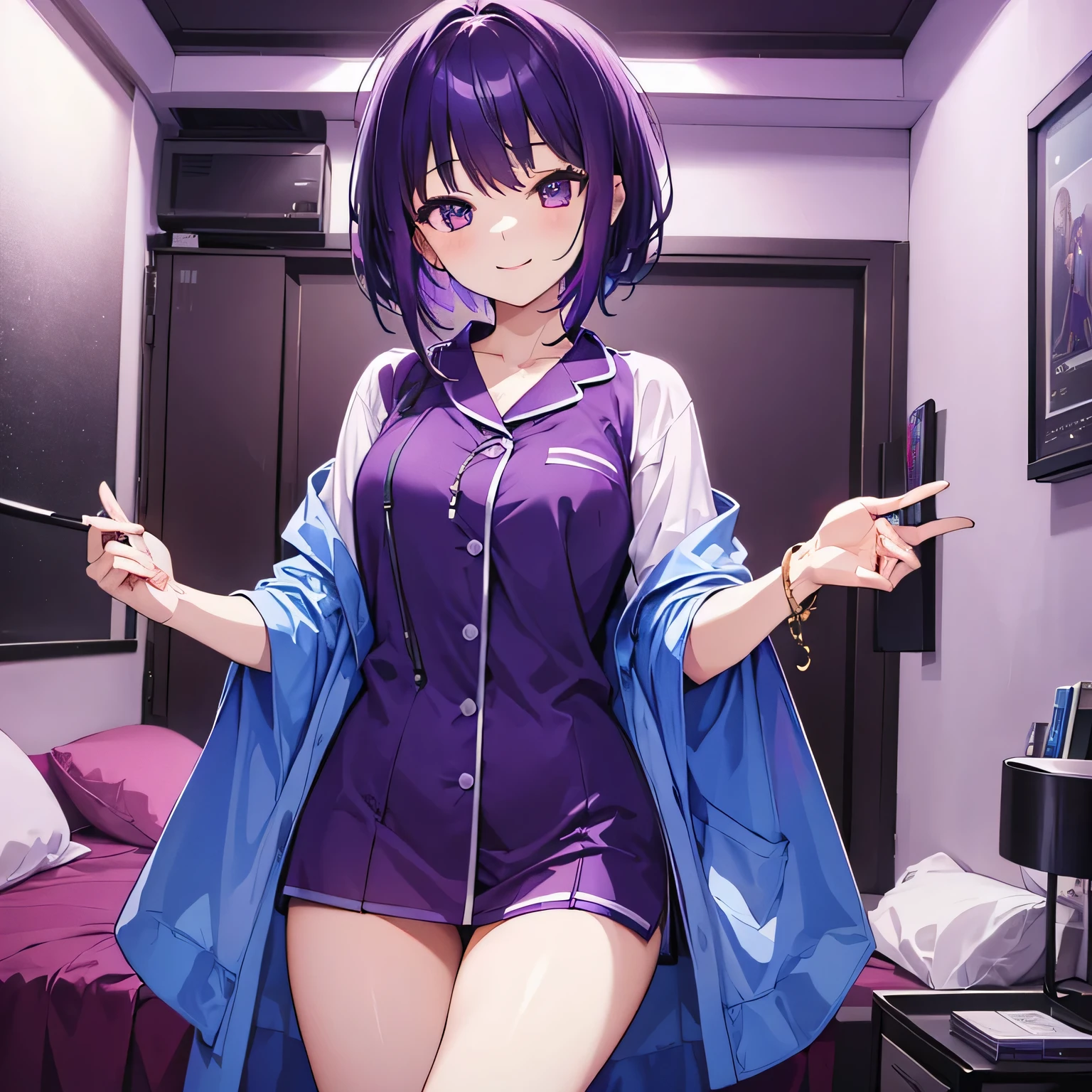 (T Masterpiece,4K wallpaper,Best Quality))、((girl1people))、(solo)、Bright and Brilliant,(Purple Hair)、(Shortcuts:1.3)、smile、Bedroom、pajamas、night