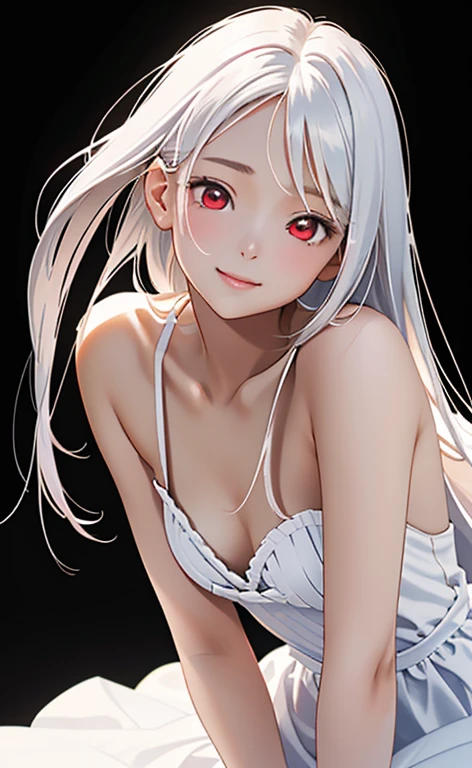 (Photorealistic:1.4)、asuna,(masterpiece、lens flare:1.5、spot light:1.2、Exquisite beautiful eyeonochrome:1.5,portlate、)、Cute Face、 3D Face、(platinum White hair:1.5、Straight Hair)、(1 Girl)、(Red eyes:1.2)、(upper body)、(leaning forward),(Sundress)、 (Cute face:1.2),(forced smile),(half closed eyes),kind face,(Small breasts),(black background:1.5)、(glowing eyes:1.3)、()、 Neat and clean、Adorable、Slim Body(Tareme:1.5),Shiny Hair、(Glowing pink Skin)、Nijisketch,Manga,zydG