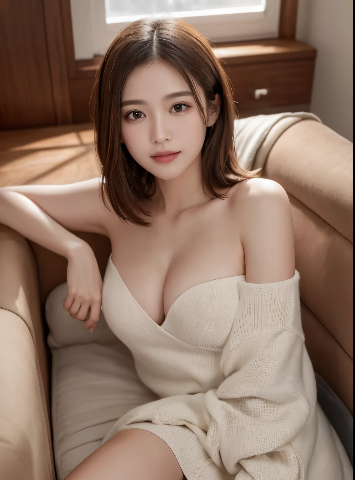 (masterpiece:1.3), (8k, Realistic、naked、Showing nipples, RAW Photos, Best image quality: 1.4), 、Expose the nipples(Random Hairstyles:1.2)、Cleavage:1.2、Highly detailed face、Attention to detail、double eyelid、Chest to chest、Sharp focus:1.2、Beautiful woman:1.4、Light brown hair、highest quality、masterpiece、超A high resolution、(Realistic:1.4)、Highly detailed and professionally lit smiles、Loose, lightweight knitwear、Shoulders out、thin、Serious expression、Short-haired、Deadly position