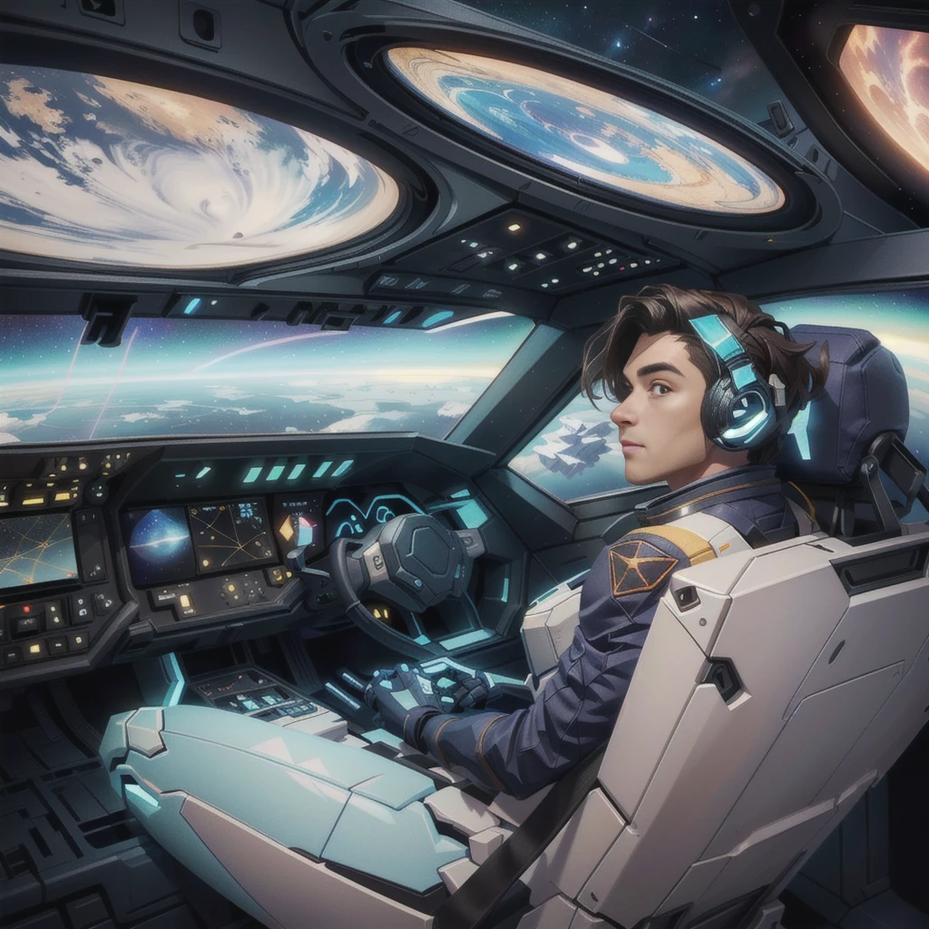 sideback view of male pilot looking half-turned at viewer and holding holographic navigation device in hands, sitting in chair in cockpit of spacecraft in deep space, Masterpiece, best quality, (highly detailed CG unity 8k wallpaper), (best quality), (best illustration), (best shadows), isometric 3D , octane rendering, ray tracing, highly detailed, sci-fi