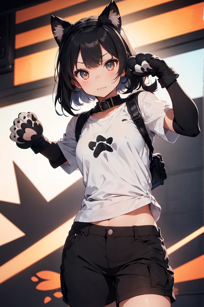 flat color,(1girl,japanese,yo,((Paw-shaped hair accessory),(Black Paw Glove:1.5)),Cat ears headband,arms up,detailed face,BREAK (Black hair,wavy-short hair),parallel eyebrows,eyes with large irises,blunt bangs,small nose, fresh lips,small breasts,(5feet tall)),very happy,light on stage, BREAK Oversized cat t-shirts,short cargo pants,high-top sneakers,