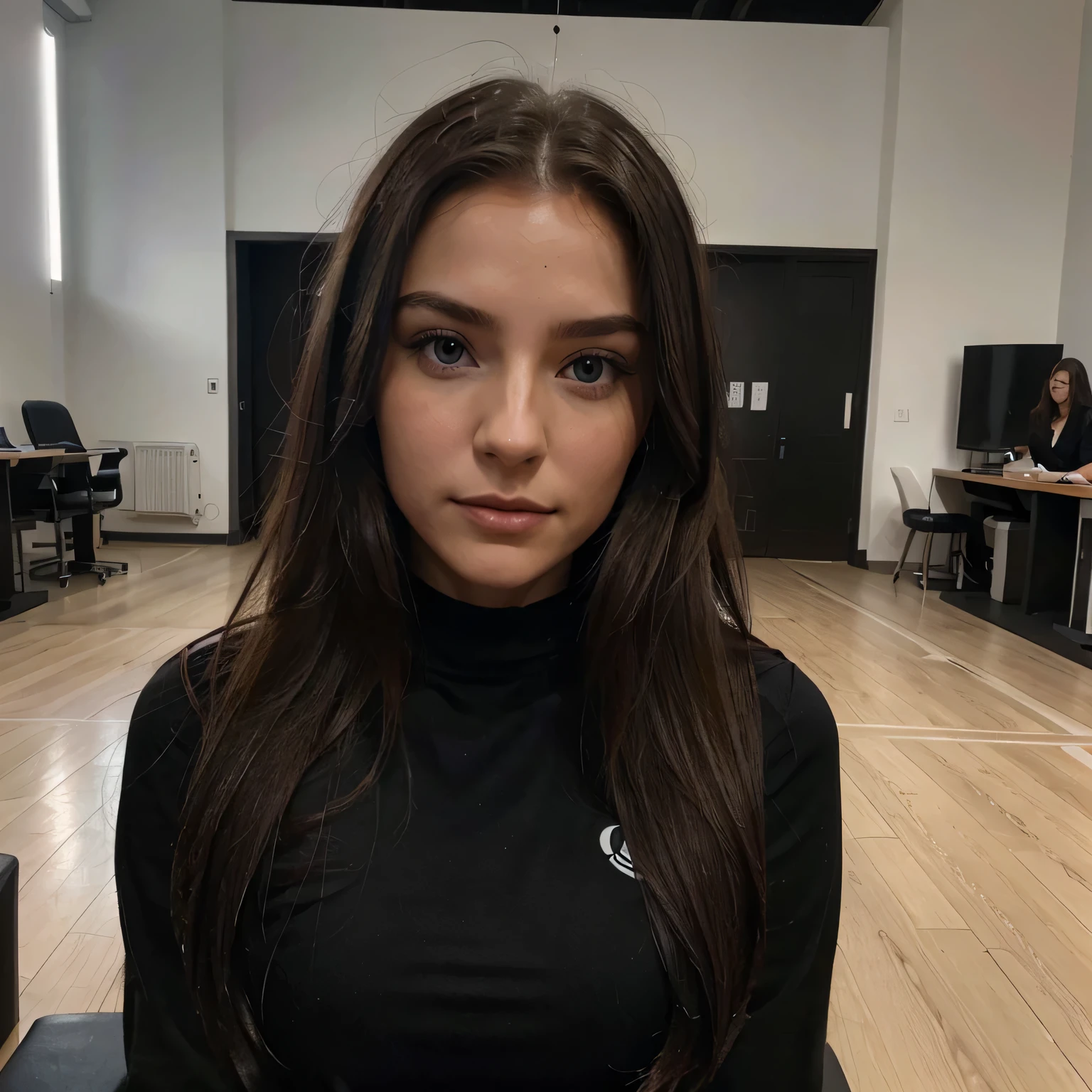 Une femme blonde de 23 ans, ((Hyperréalisme)) ,. black hair with light brown roots. cheveux noir, Cheveux aux racines brunes, very long hair, very long hair, very long hair, beau, vue de face, photo automatique, Photo prise avec iPhone, Coupe-bas, arrière-plan flou de haute qualité, photo automatique iPhone, encolure, yeux noir, full lips, assise à la salle de sport