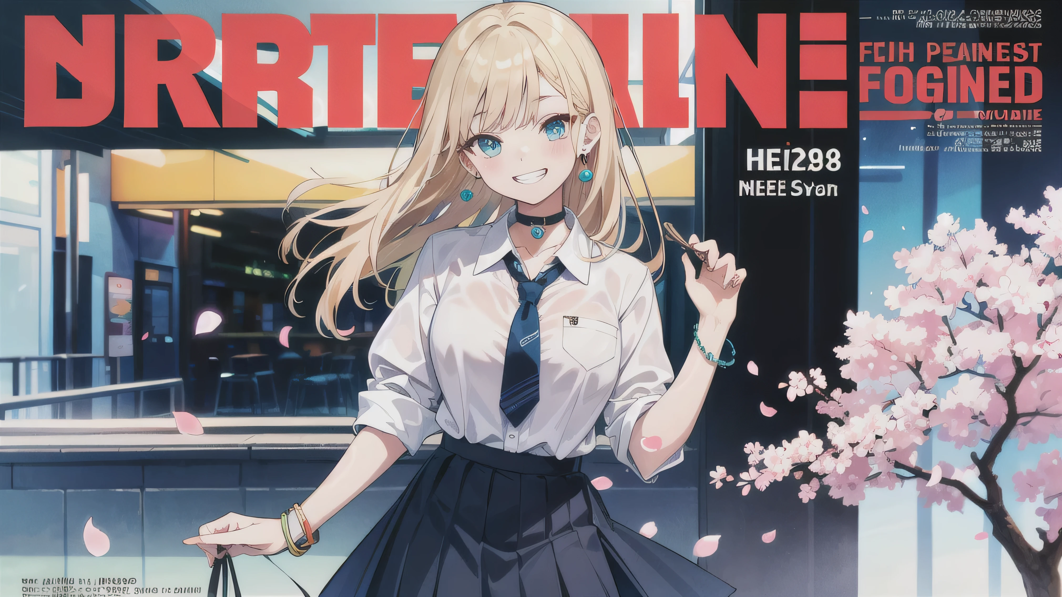 masterpiece, highest quality, whole body,
One girl, bangs, black choker, black tie, Blonde, blue skirt, blush, bracelet, chest, choker, Collared shirt, dress shirt, ear Earrings, Eyebrows visible through hair, Gradient Hair, Grin, jewelry, Kogal, Long Hair, View your viewers, loose necktie, Earrings, skirt, smile, alone, White shirt,
street, null, cherry blossoms, petal,figure, (magazine:1.3), (cover-style:1.3), fashionable, woman, Vibrant, Costume, Pause, front, colorful, dynamic, background, element, have confidence, Performance, Holding, accessories, The surrounding area, touch, scene, article, cover, bold, to attract attention, title, stylish, font, Catchy, Heading, big, impressive, Modern, trend, concentrated, fashion,