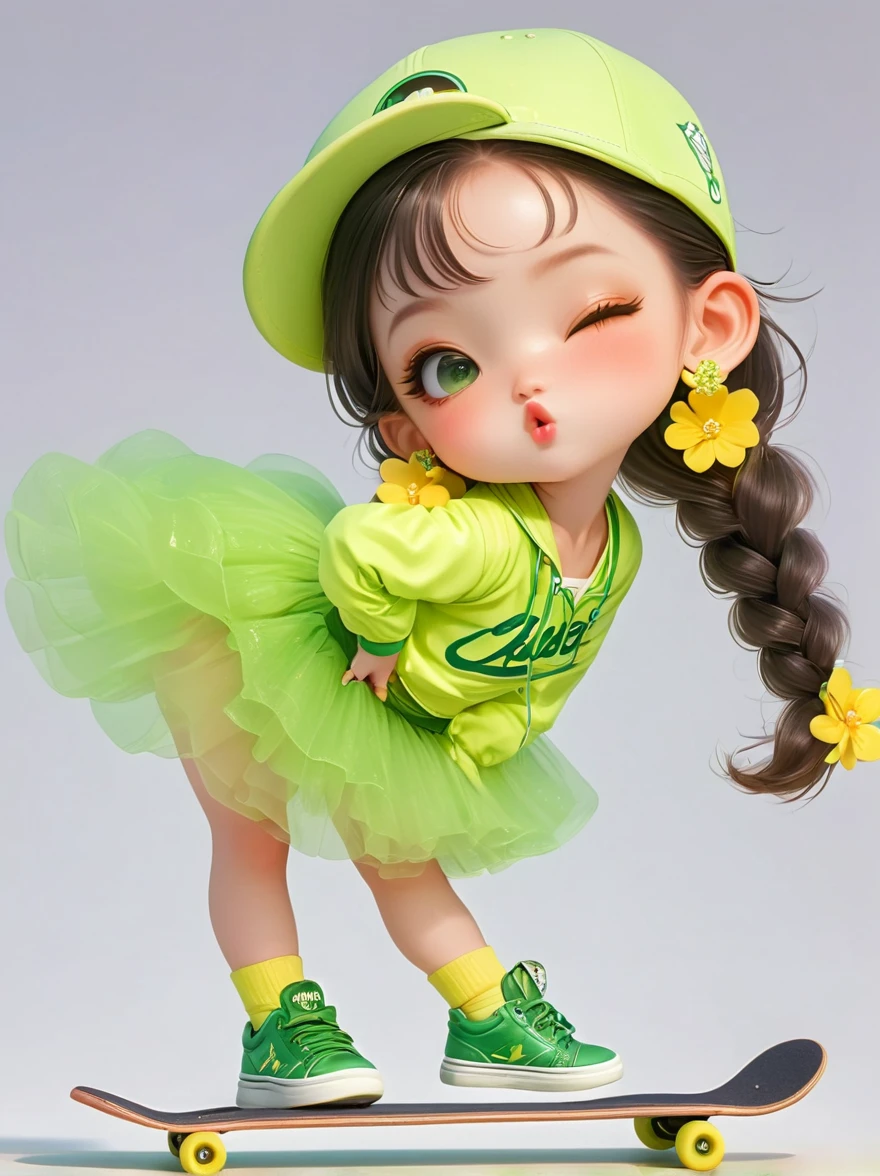 1 Girl, Wearing a bright yellow-green baseball uniform, Green Sequined Tulle Skirt, Green baseball cap, Double bun and flower earrings, Green sneakers, strike a playful pose, Standing on a skateboard, (Close one eye:1.3), Green Eyes, Cute ears, Pouting cute little mouth, faint blush, Proud, Cartoon Style, full-body shot, Created with C4D and Blender, Blind box toy styles, Super Detail, Anatomically correct, masterpiece, precise