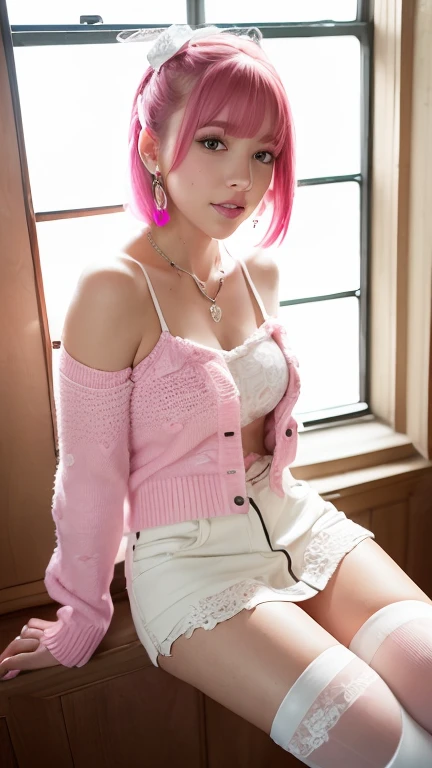 (8k, highest quality, masterpiece:1,2), (Realistic, Photorealistic:1.37), Super detailed, One Girl,), (Very detailedな), (Beautiful and detailed eyes), (highest quality), (Very detailed ), (masterpiece), (Detailed face),20-year-old, ,1 girl, ((Pink Hair,Very short hair)), Medium chest, Dressed, Perfect lighting, Browsing Caution, (Pink faux fur jacket:1.3), (White lace camisole:1.2), (Pink knitted sweater:1.4), (Denim mini skirt:1.3), (Pink ribbon knee-high socks:1.2), (White lace-up boots:1.2), (pink heart earrings:1.2), (Pink Heart Necklace:1.2), Cut the left bangs, I can see the ears, pink heart earrings, smile, Sticking out tongue, Right Fist, Left palm, Pink wall with white dots, Pink heart balloons, White Teddy Bear, Natural light through the window, Warm Light, Soft Shadows