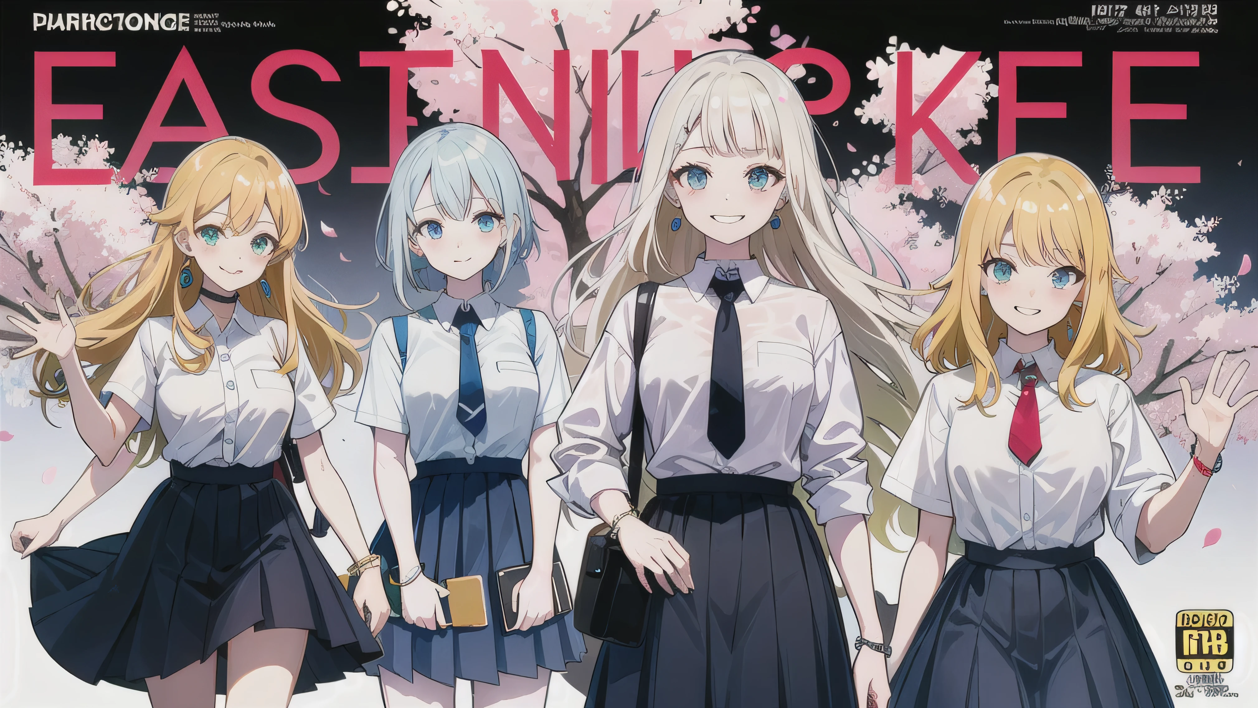 masterpiece, highest quality, whole body,
One girl, bangs, black choker, black tie, Blonde, blue skirt, blush, bracelet, chest, choker, Collared shirt, dress shirt, ear Earrings, Eyebrows visible through hair, Gradient Hair, Grin, jewelry, Kogal, Long Hair, View your viewers, loose necktie, Earrings, skirt, smile, alone, White shirt,
street, null, cherry blossoms, petal,figure, (magazine:1.3), (cover-style:1.3), fashionable, woman, Vibrant, Costume, Pause, front, colorful, dynamic, background, element, have confidence, Performance, Holding, accessories, The surrounding area, touch, scene, article, cover, bold, to attract attention, title, stylish, font, Catchy, Heading, big, impressive, Modern, trend, concentrated, fashion,