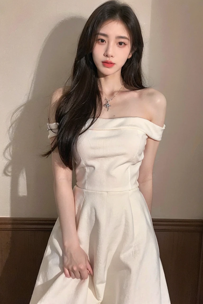 Wearing long skirt, long hair on her shoulder, waring Pretty dress