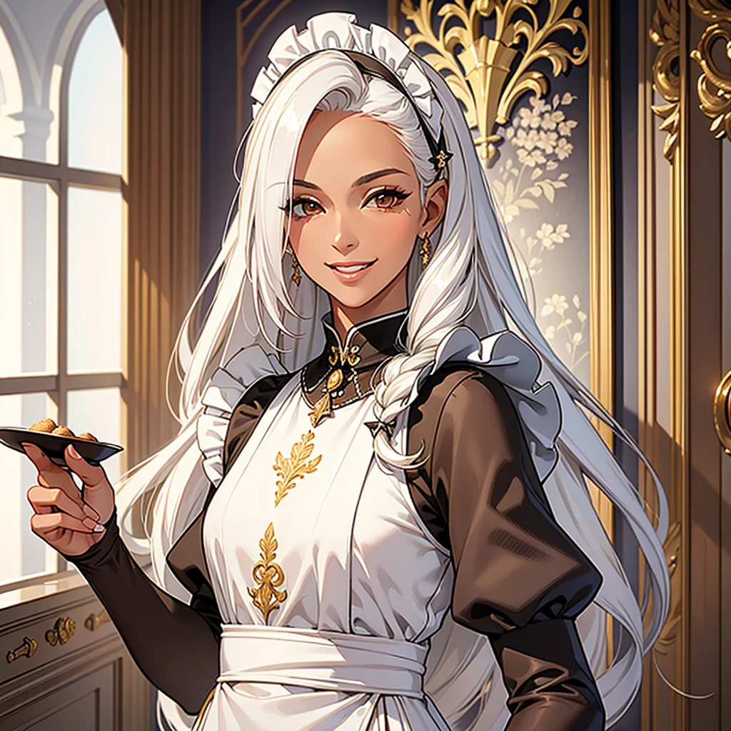 ((best quality)), ((masterpiece)), (detailed),High quality, Ultra detailed, best quality, insanely detailed, beautiful, masterpiece, White hair, long hair, (tanned skin:1.3),(clasical maid),tall woman,20s,smile(brown eyes))