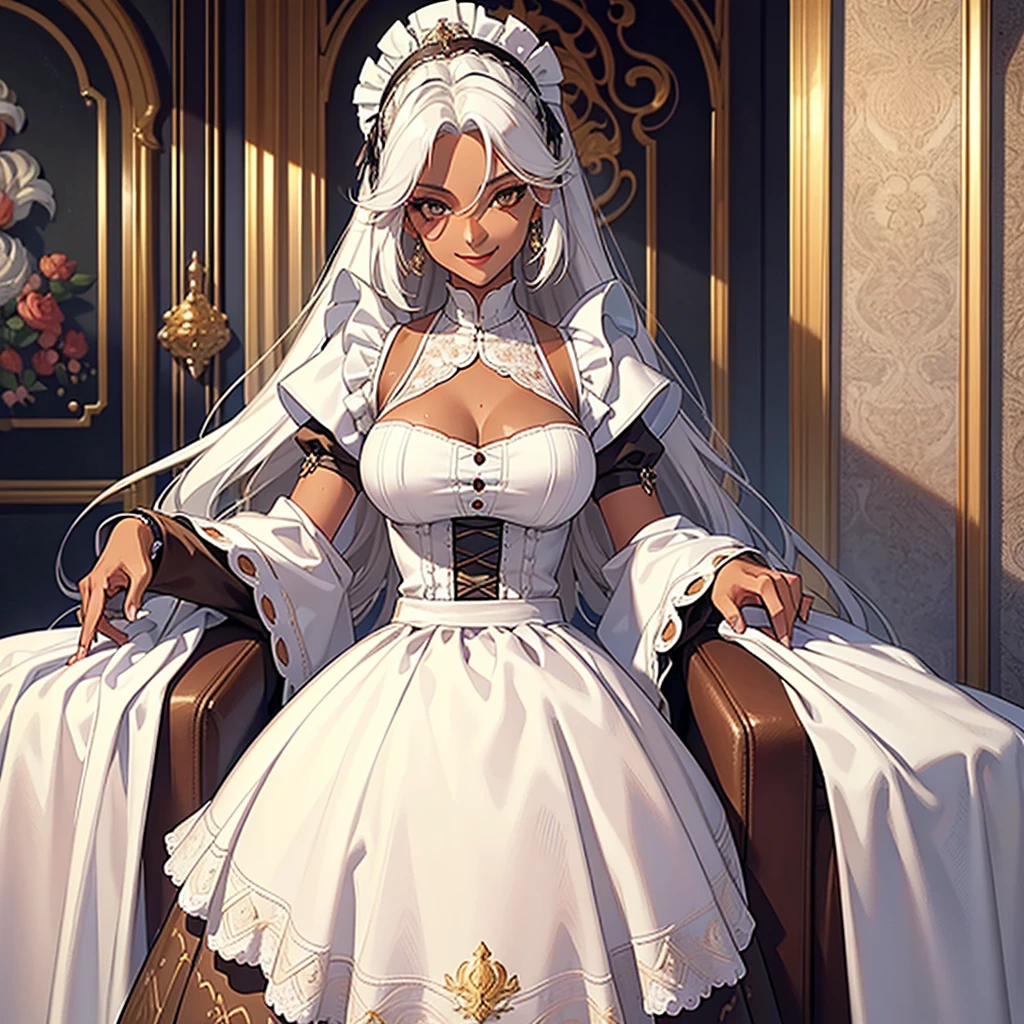 ((best quality)), ((masterpiece)), (detailed),High quality, Ultra detailed, best quality, insanely detailed, beautiful, masterpiece, White hair, long hair, (tanned skin:1.3),(clasical maid),tall woman,20s,smile(brown eyes))