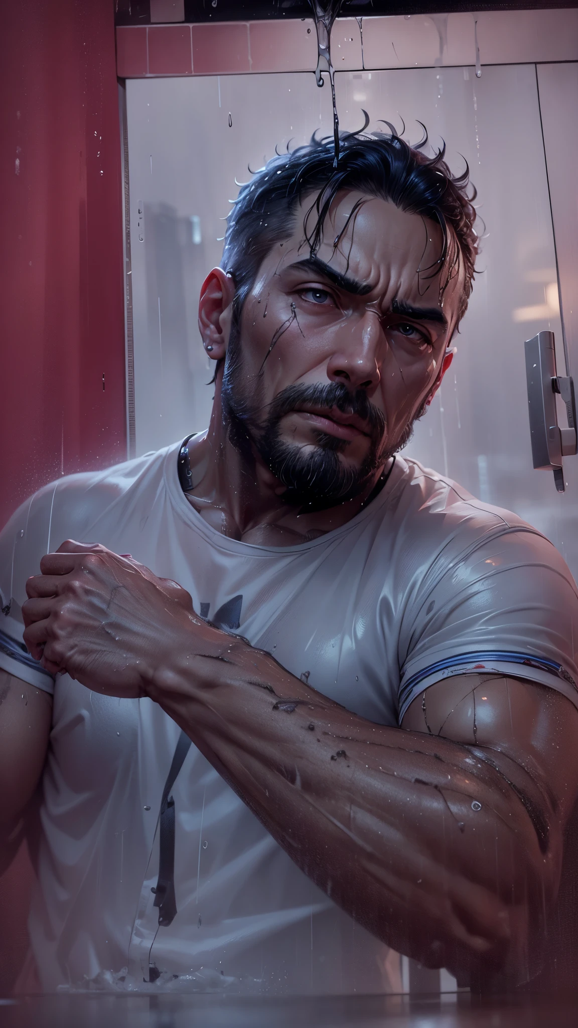 A sad man standing on the skycraper building with their loneliness, anger on the face, soaked wet building, rainy night, detailed portrait, wet in the rain, thunder lighting in the sky, dynamic pose, model pose, realistic face, detailed blue hairs, ray tracing with 8K UHD resolution.