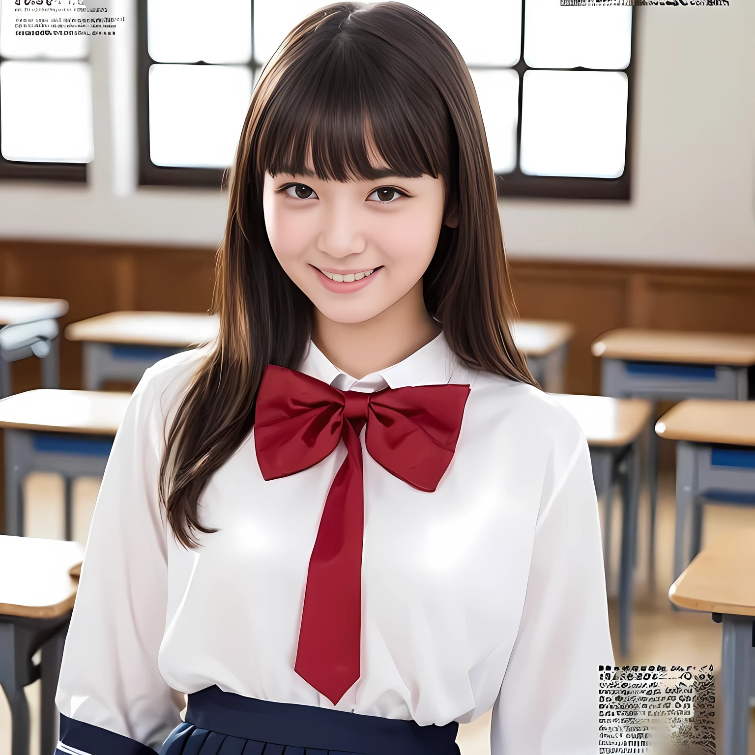 (highest quality, masterpiece:1.2), highest quality, Realistic, photograph, High resolution, 1080p, 8K, Physical Rendering, ((Height: 155cm)), ((((((Some 14 year old beautiful Japanese fashion magazine's fashion models are looking straightly at the viewer)))))), (((big very detailed beautiful dark brown eyes))), ((((Everyone is loving and laughing at me!)))), detailed fingers, (((curled blunt bangs))), ((((Very noble and cute eyes, carefully drawn with great attention to detail)))), ((double eyelids)), (((long eyelashes))), ((cute lovely lovely laughing laughing cheeks)), ((The pure white light hits my nose and cheeks. Her eyes and white facial skin shine beautifully white.)), (((((Her facial features are very expressive noble smile, very sweet, very very intelligent))))), ((((impressive red super-large school ribbon bow tie in plain)))), ((((black very beautiful and very long bobbed hair)))), ((((red formal long pleated skirt)))), ((((A red school sailor-style uniform with pink blouse)))), ((As elegant as a noble princess)), ((Dancing in a light white women's classroom))