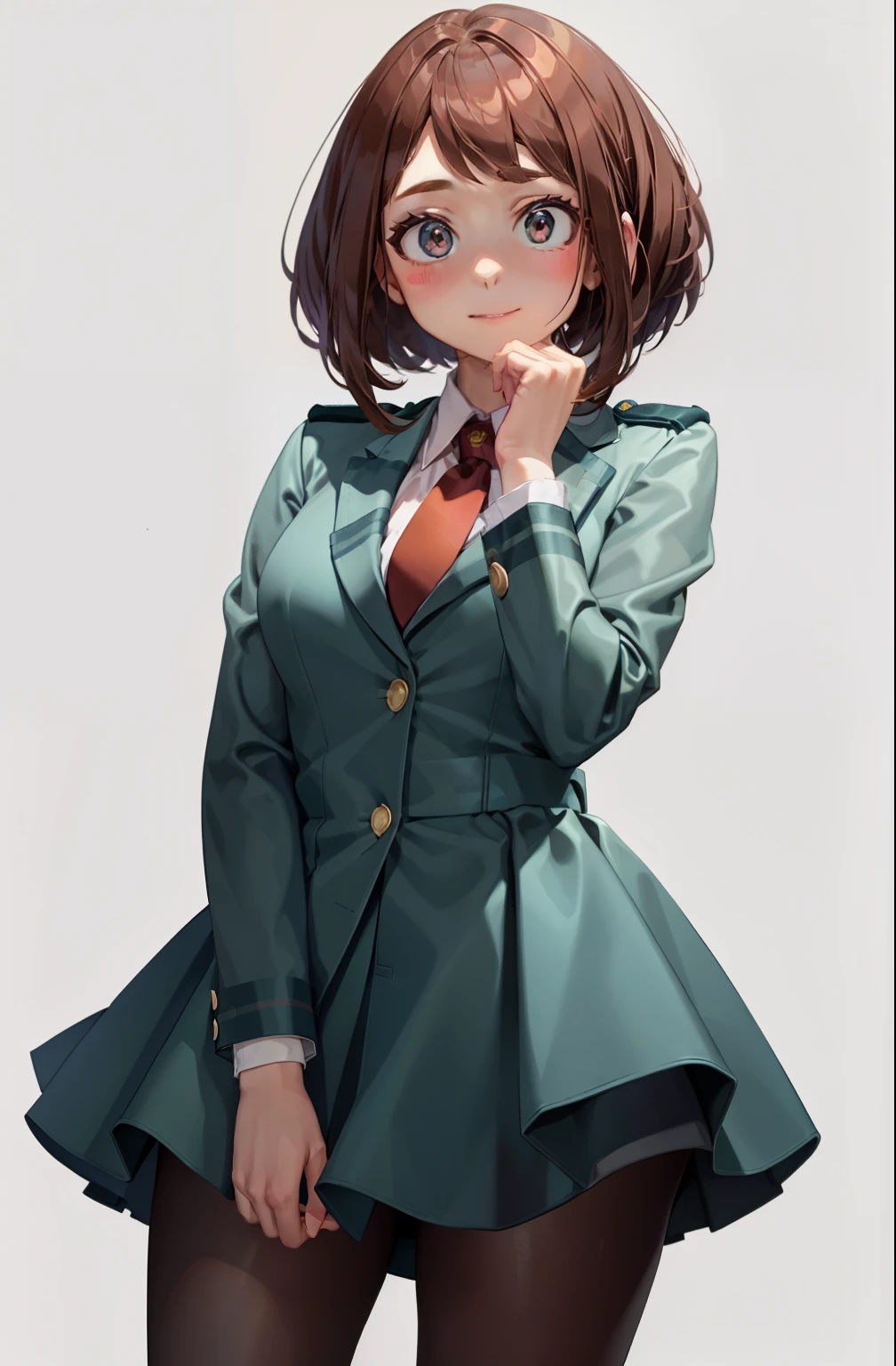 Ochaco is a girl with a curvaceous figure., Fair skin, Reddish brown hair and matching eye color,. Her cheeks have a perpetual pink blush, and彼女の目は大きくて丸く、spreadlegs、showwhitepanties,Thick upper eyelashes, Two more lines on each side that stand out.、and少数ですがより個別に目立つDownまつげ. Her hair is shoulder-length、The bangs are short, and、Style is bobBecome familiard with two long strands surrounding her face. She is small, Thick pads on fingertips, Resembles shapes on animal paws,; She uses these when activating and deactivating Quirk.at school, She is a normal U.Become familiar. Uniform. Put on a grey dress jacket, Two teal stripes, Two creased pockets, and two Gold Buttons. Down, She is wearing a white dress shirt, little red tie, Gold Button, andティールプリーツスカート. She too、Instead of the usual knee-high socks worn by other female students、Wearing brown dress shoes and black leggings.