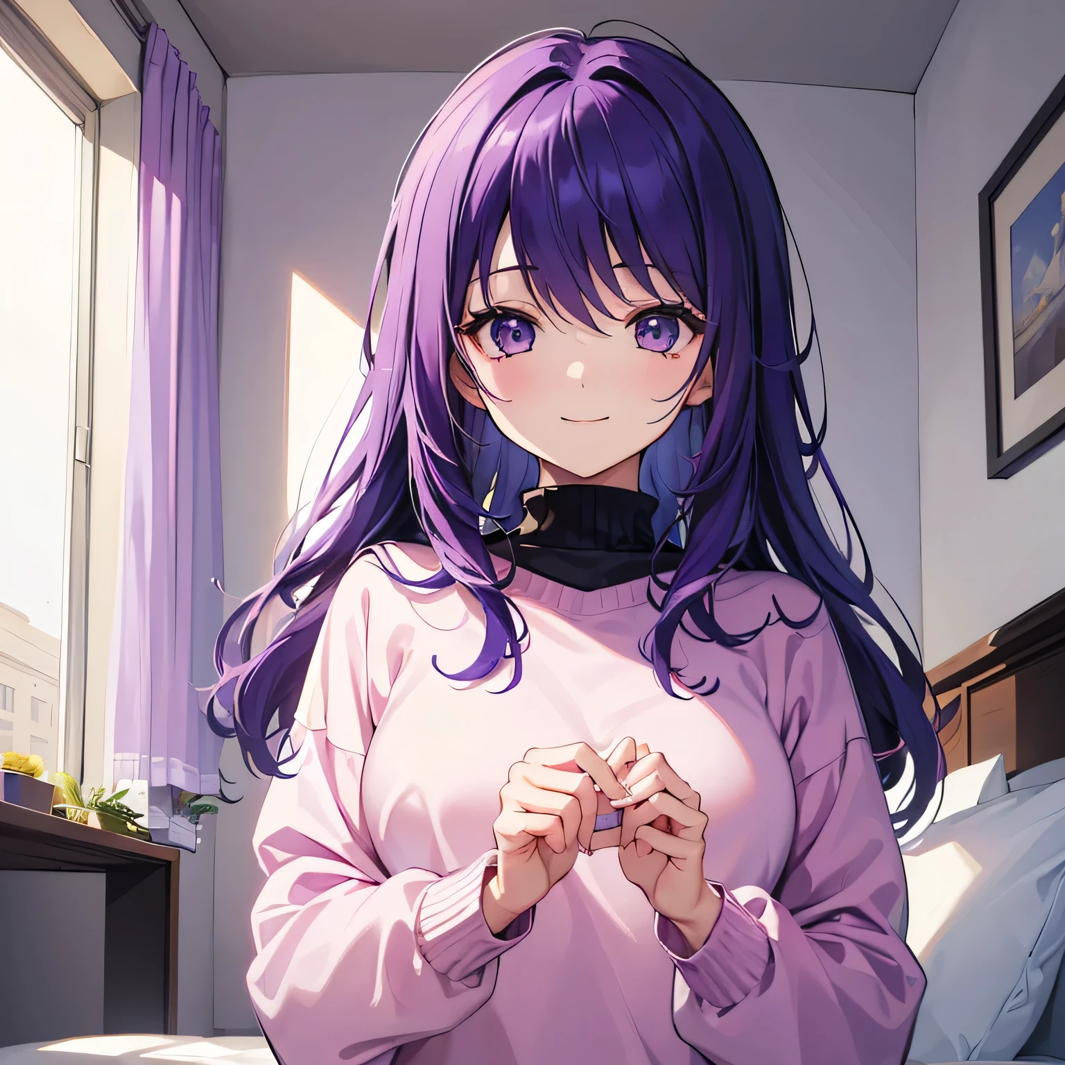 (T Masterpiece,4K wallpaper,Best Quality))、((girl1people))、(solo)、Bright and Brilliant,(Purple Hair)、(Shortcuts:1.3)、smile、Bedroom、sweater、morning