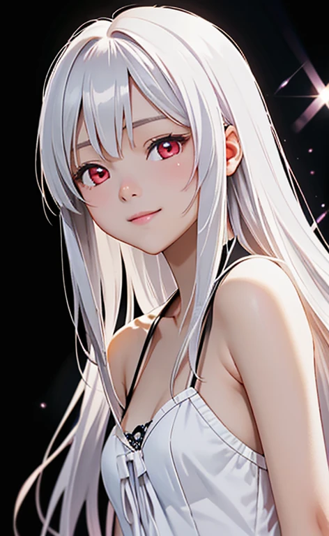 (Photorealistic:1.4)、asuna,(masterpiece、lens flare:1.5、spot light:1.2、Exquisite beautiful eyeonochrome:1.5,portlate、)、Cute Face、 3D Face、(platinum White hair:1.5、Straight Hair)、(1 Girl)、(Red eyes:1.2)、(upper body)、(),(Sundress)、 (Cute face:1.2),(forced smile),(half closed eyes),kind face,(Small breasts),(black background:1.5)、(glowing eyes:1.3)、()、 Neat and clean、Adorable、Slim Body(Tareme:1.5),Shiny Hair、(Glowing pink Skin)、Nijisketch,Manga,zydG