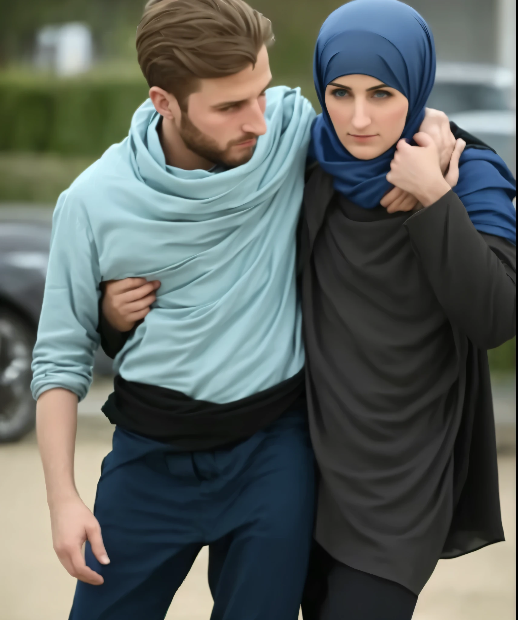 a muslim woman with headscarf and satin abaya on the right, on the left there is a young German man in a blue cotton shirt and jeans and a Syrian woman in a shiny plastic quilted coat and blue satin headscarf stand arm in arm in front of a refugee shelter, A German man in a cotton shirt and jeans is injured and is supported by a Syrian woman, A Syrian woman wearing a shiny plastic down coat supports an injured short-haired man, der nicht alleine gehen kann, A Syrian woman wearing a headscarf holds an injured short-haired man in her arms, Mitleid, Unfall, Verletzung, Erste Hilfe, Theater, ultra-realistisch, Foto