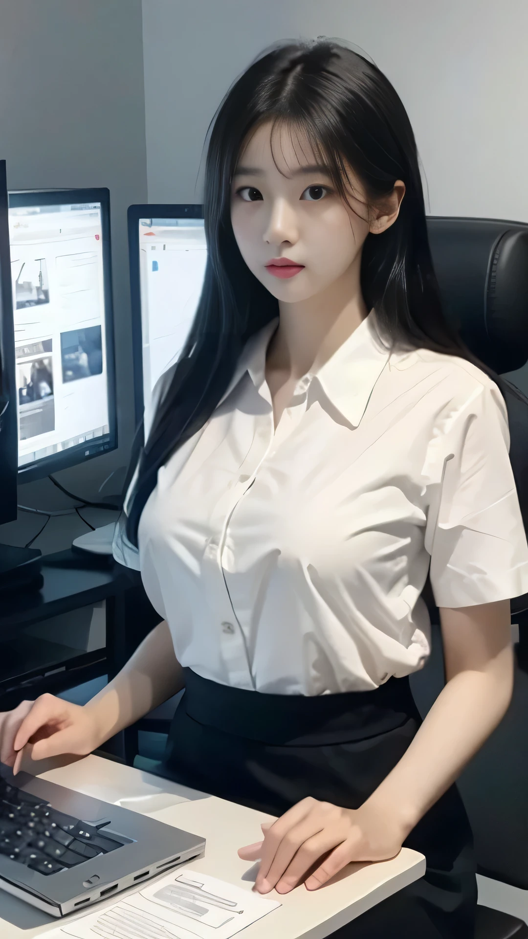 Close-up of beautiful Korean woman, 36 inch chest size, Serious expression, Wearing a white short-sleeved shirt, Black skirt, play computer, In computer class