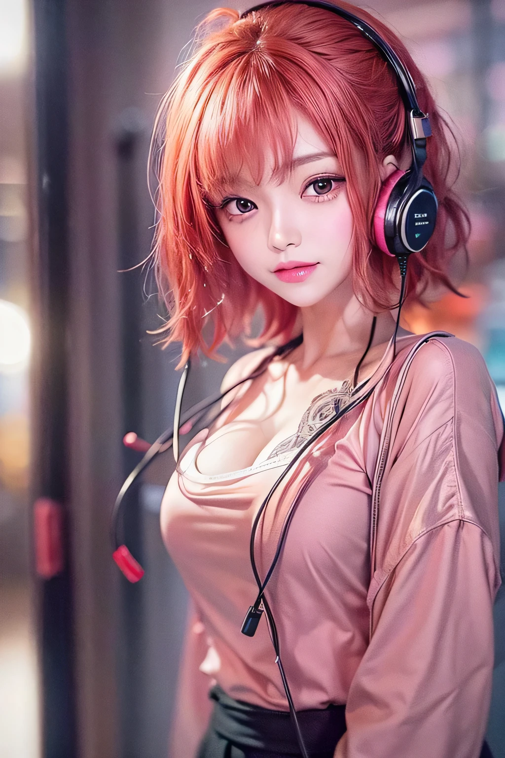 masterpiece, 1 Beautiful girl, Fine grain, highest quality, Ultra High resolution, (reality: 1.4), Cinema Lighting, Beautiful Skin, (Ultra-realistic), (High resolution), (8k), (Very detailed), ( Best illustrations), Pouting slightly, (Crystal colorful lights), Extremely refined and beautiful, beautiful detailed eyes, Round eyes, detailed facial features, (Round pupils:1.4), (alluring face), Smiling lips, (Medium breasts:1.3), A shallow smile, Open lips, (Beautiful and detailed face, Beautiful and delicate eyes), pink cheek, mascara, red hair, short hair, (Kunoichi wearing earphones:1.3), (full body:1.3), wearing a pink kunoichi, in the office, wearing earphones,
