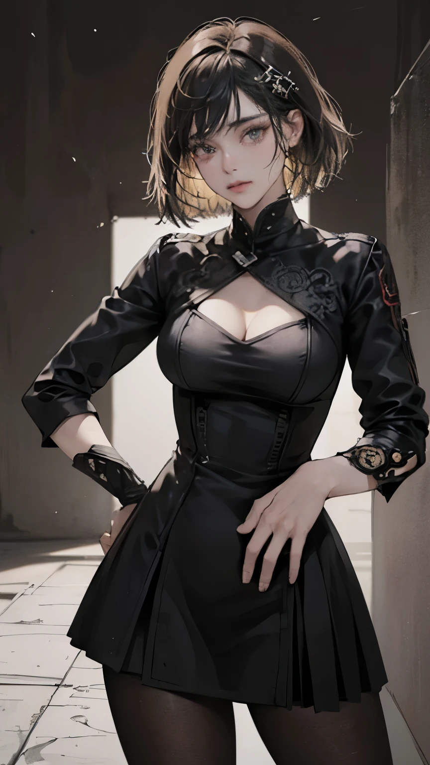 ((top-quality)), (((​masterpiece)), (detaileds: 1.4), 3D, Beautiful Cyberpunk Woman Image, bob cuts, Broken black tights, leather clothes, Electromechanical, nffsw(HighDynamicRange), Ray Tracing, NVIDIA RTX, Hyper-Resolution, Unreal 5, Sub-surface scattering, PBR Texture, Postprocess, Anisotropy Filtering, depth of fields, Maximum sharpness and acutance, Multilayer Texture, Albedo and Highlight Maps, Surface Coloring, Accurate simulation of light-material interactions, perfectly proportions、octane renderings、two tone lighting、Large aperture、Low ISO、White Balance、thirds rule、8K Raw、​masterpiece、top-quality、(8k extremely detailed CG unit wallpaper)(top-quality)、(The best illustrations)、(Best Shadows)