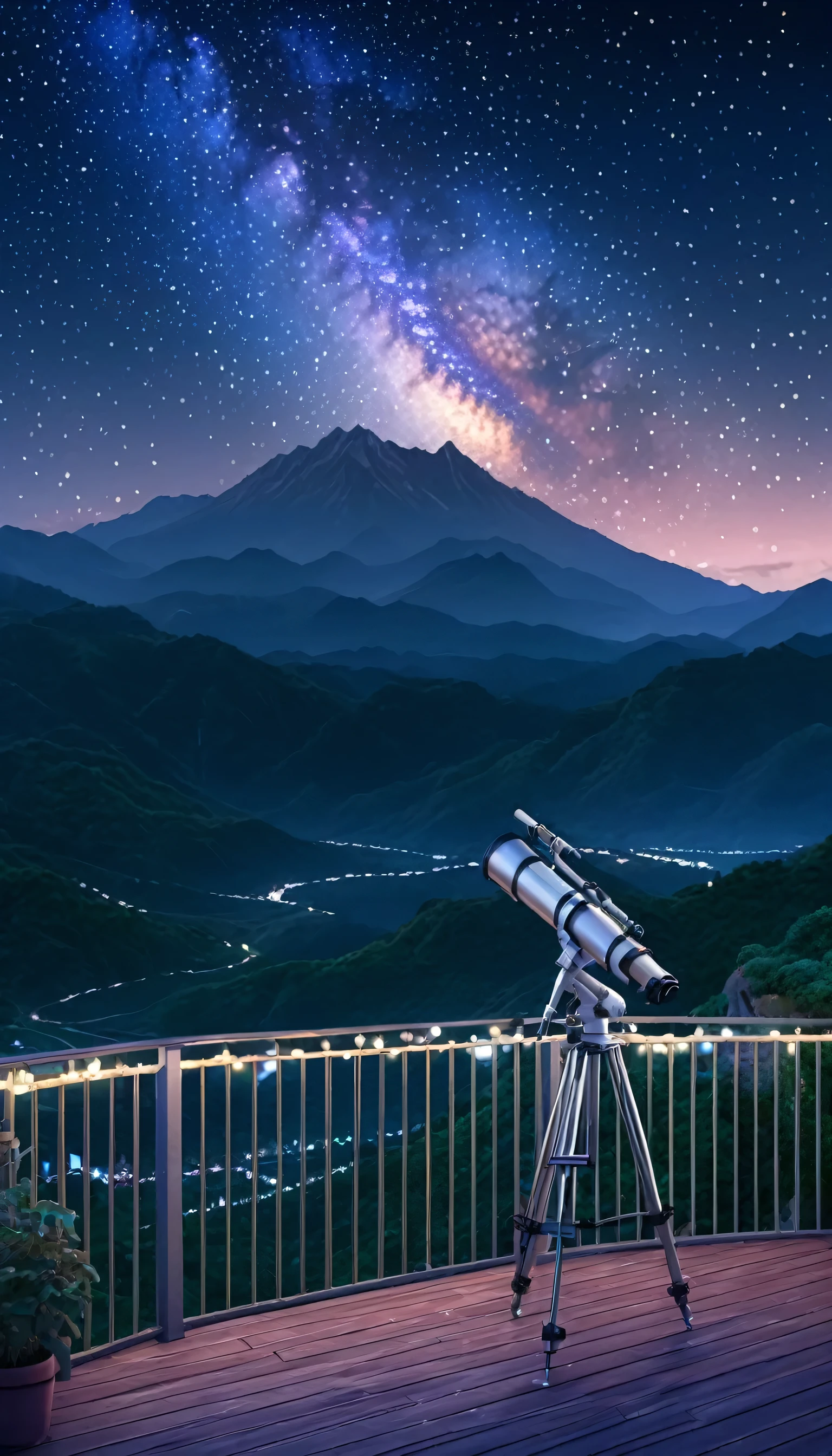 Drawing anime low-fi scene with giant telescope on terrace balcony, Milky Way in the Sky, Mountain々, Fairy Lights, no one, Decorated, night, not human, Cloudy, Beautiful color palette