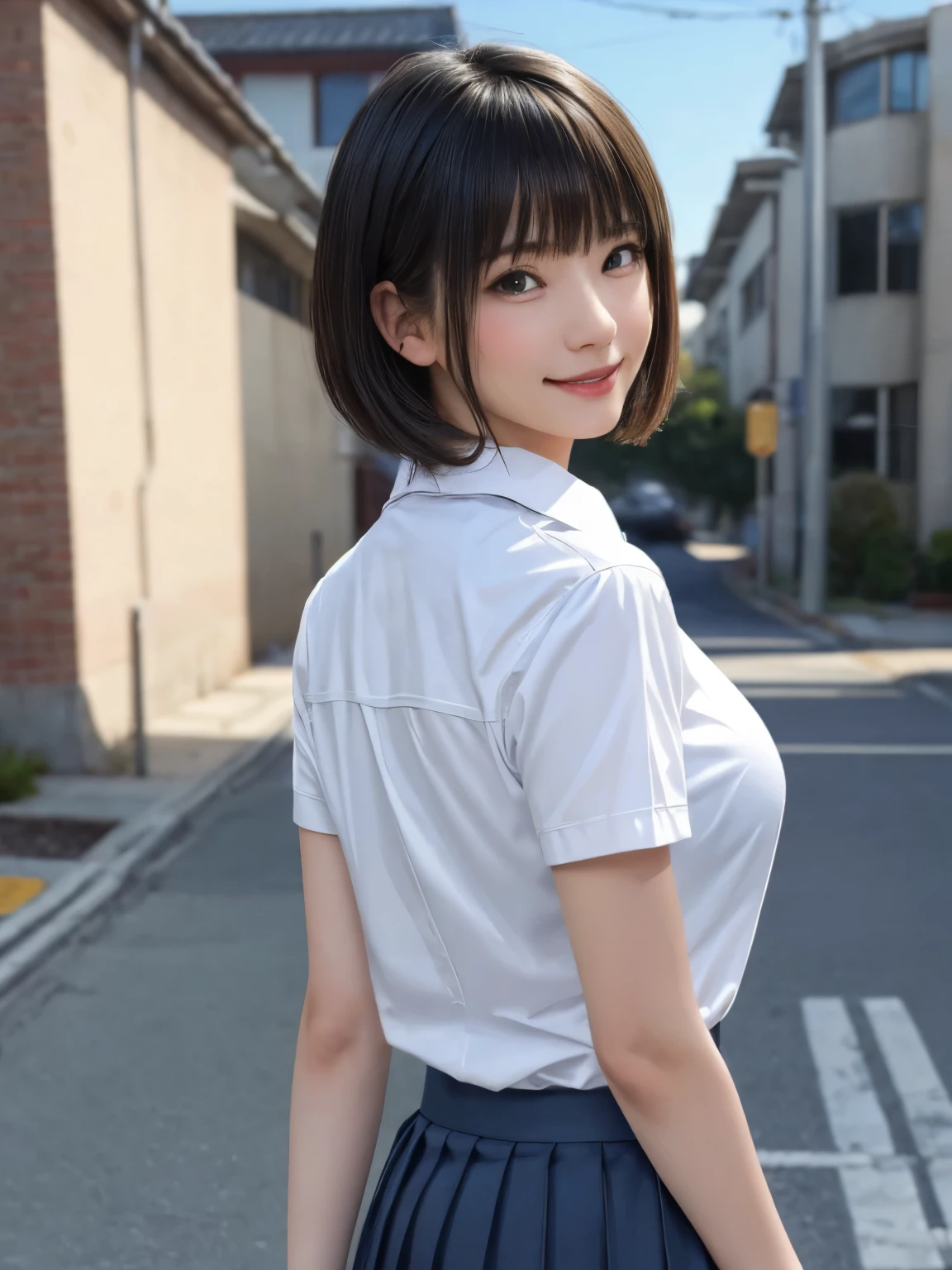(masterpiece:1.3), (Realistic, RAW Photos, highest quality: 1.4), (One Girl), Beautiful Face, (超Realistic Face、シンメトリーのBeautiful Face), (Short black hair, short hair:1.6、bangs:1.3、Show off your beautiful ears), Beautiful Hairstyles, (Realistic eyes), Beautiful details, Long eyelashes, (Realistic Skin), Beautiful Skin, [Big Breasts:1.3], {Huge|big|Hugeな|Mega} chest, (Perfect body:1.3), (Detailed body:1.2), (tie), (Collared shirt, Pleated skirt:1.3), Absurd, charm, Ultra-high resolution, Ultra-realistic, Very detailed, Golden Ratio,Very cute beautiful woman、28 years old、Beautiful angle from behind、Background in front of the school building、Smile、shut up.