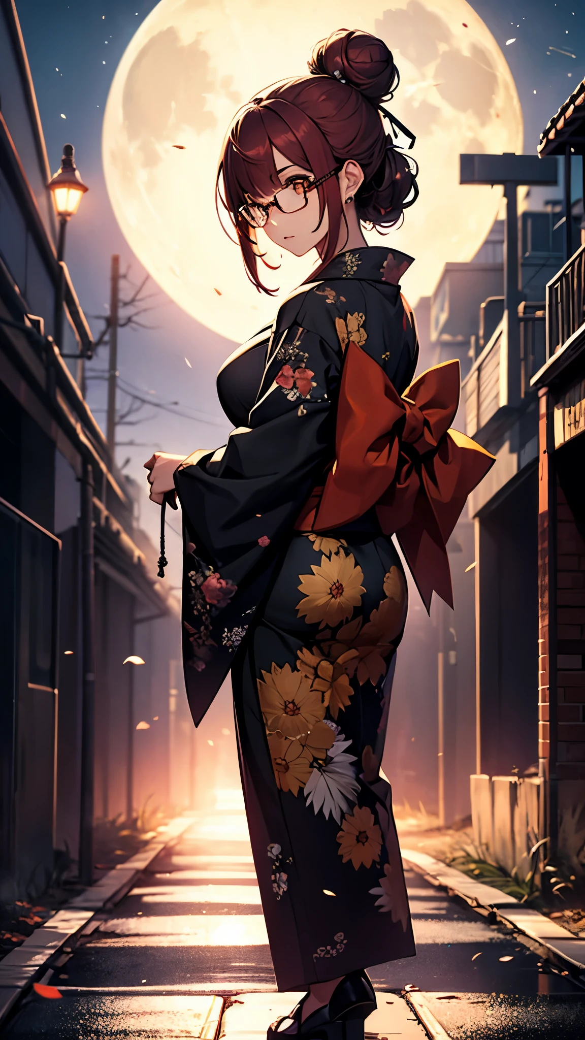 (1girl:1.3), Masterpiece, Best quality, amazing beauty, [[3D]], 4K, absurdres, finely detail, super detailed eye, perfect anatomy, official art, cinematic lighting, BREAK, Night of the full moon, (full moon), silky bun hairstyle, blunt bangs, red hair, super shiny detailed yellow eyes, cute eyes, thin eyebrow, Staring, facing this way, close-mouth, rouge, Eyeshadow, glasses, piercing, embarrassed, BREAK , big breasts, tall, slim, fair skin, glistening skin, walking, full body, from behind, wearing a kimono, Kimono of extreme colors, Spotlight, BREAK , , BREAK,(Glasses)