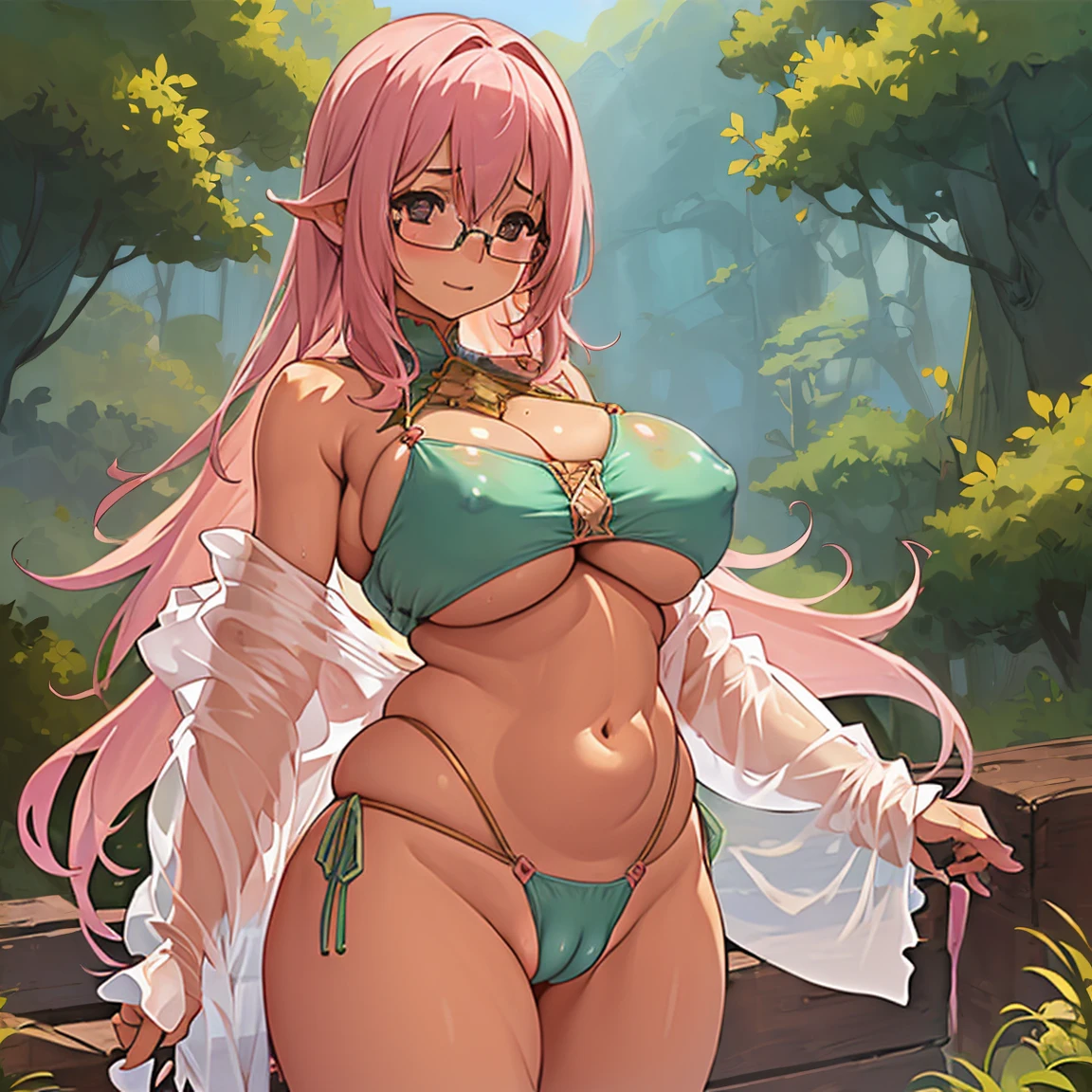 (masterpiece, best quality:1.2), cowboy shot, solo, 1girl, glasses, long fluffy pink hair, little chubby, cowboy shot, slight smile, crop top, (sexy very transparent (green) swinswit), stomach, navel exposed, large breasts, pink breasts niples, cameltoe, tanned skin, wet body and clothes.