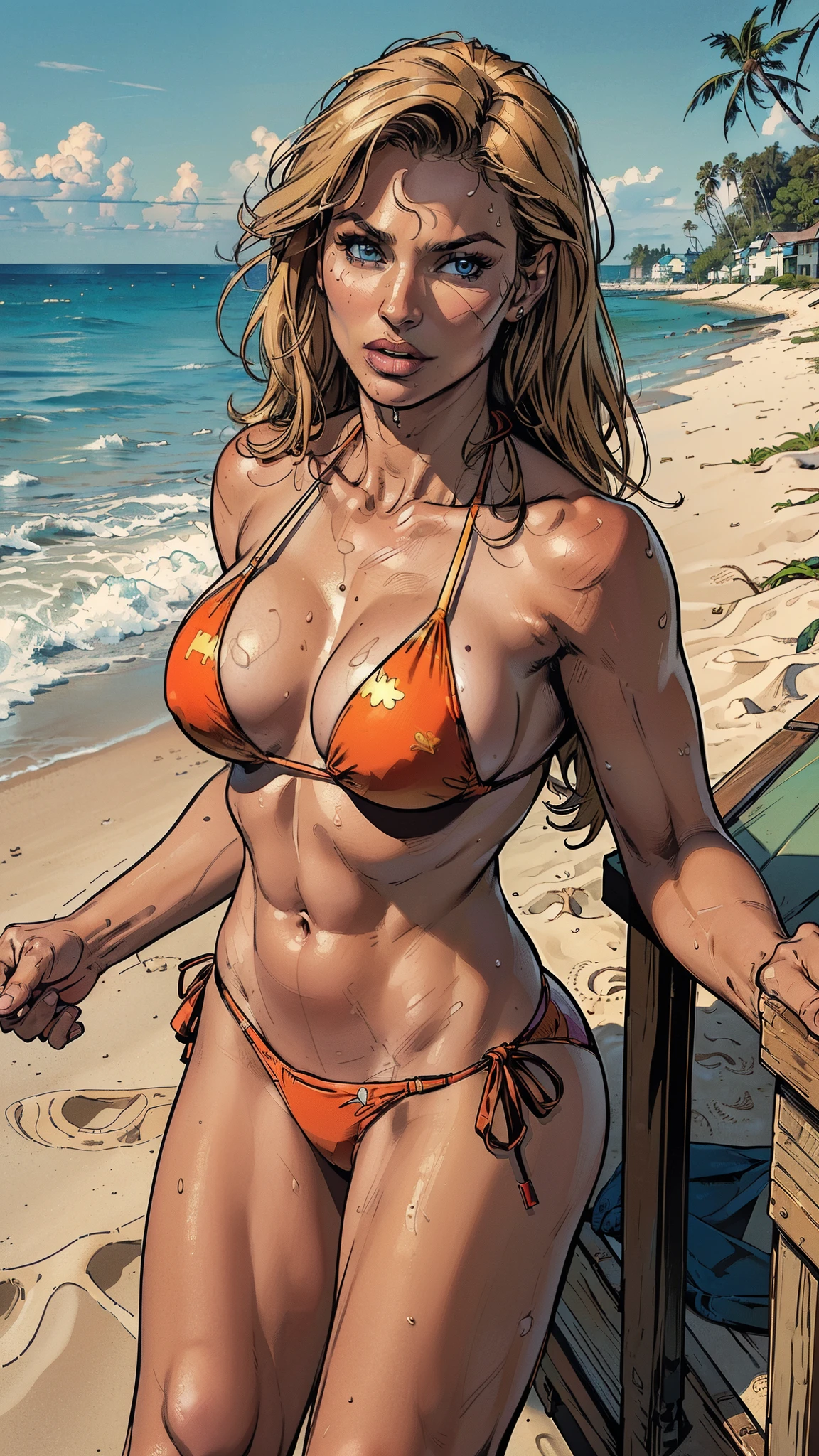 (masterpiece, 8k, highest quality, ultra detailed:1.37), (Nyla), 45 years old, (a sexy russian model: 1.3), (wearing a bikini: 1.4), cleavage, small breasts, candid photography, sweaty, classy look, detailed skin texture, (seducing look in beach: 1.4), Photorealistic, mind blowing