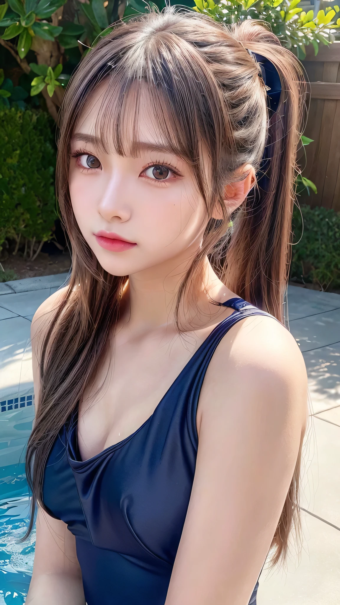 school navy blue one-piece swimsuit,less exposure of the body,Small breasts,,Outdoor,Close-up of face,Outdoor,Very large pool,Blushing,Facing forward,,Long hair ponytail,((8K, Raw photo, Best Quality, Mastepiece:1.2), (Realism, Photorealistic:1.4), (Highly detailed 8k wallpaper), Depth of written boundary, Cinematic Lighting, Soft Light, Detailed Beauty Eye,Shiny and smooth light brown ponytail, Asymmetrical bangs, Shiny skin, Ultra-detailed skins ,It is high resolution., High detail, Detailed hairstyle, Detailed facial beauty, Hyper-realistic, Perfect limbs, Perfect Anatomy ,1 Japanese girl,Famous Japanese Idols, Perfect female body,A shy smile,Short eyelashes,Double-edged eyelids,Look straight here,Hair style: ponytail,