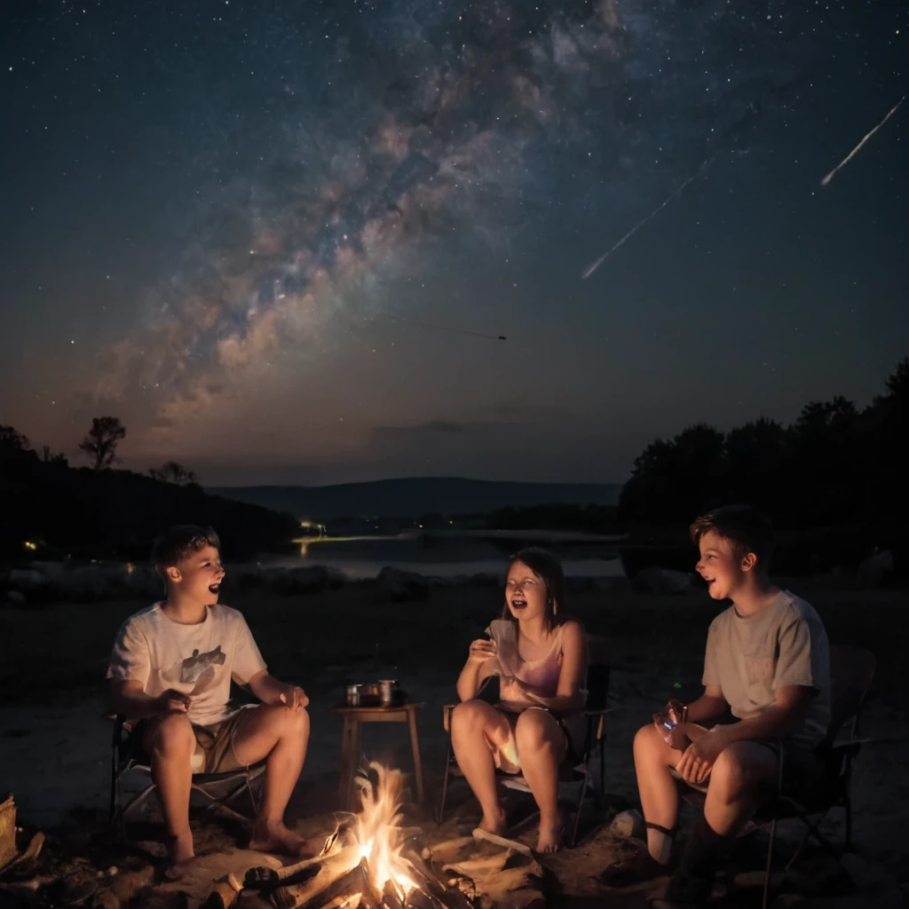 2boys, 2girls, sitting around a campfire, toasting marshmallows, brilliant night sky in the background, milky way