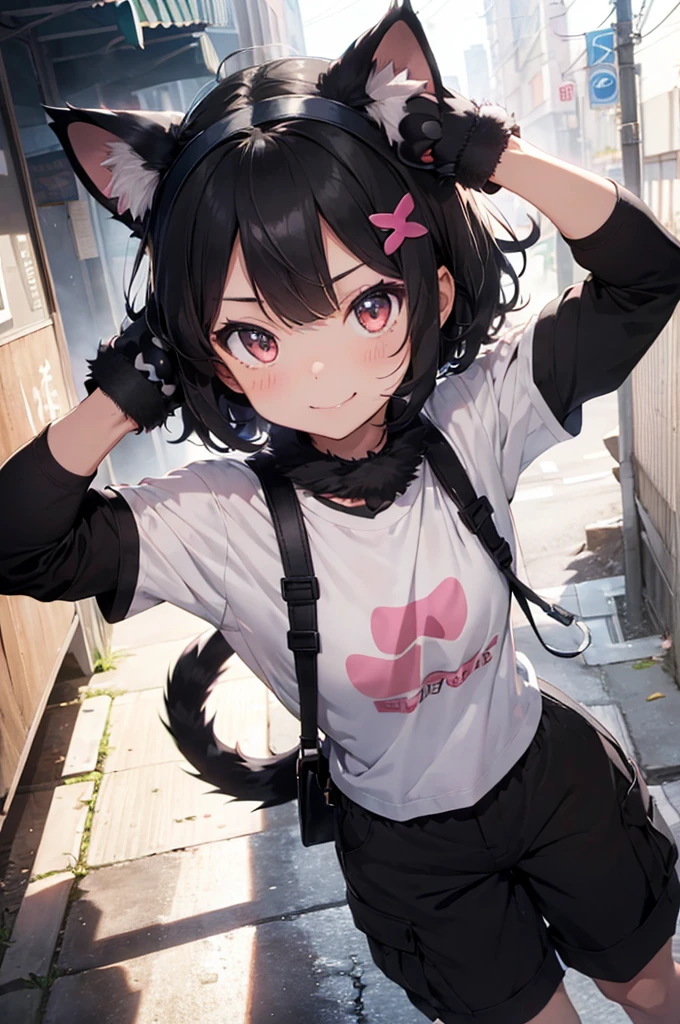 flat color,(1girl,japanese,15yo,((Paw-shaped hair accessory),(Black Paw Glove:1.5)),Cat ears headband,arms up,detailed face,BREAK (Black hair,wavy-short hair),parallel eyebrows,eyes with large irises,blunt bangs,small nose, fresh lips,smile,small breasts,(5feet tall)),very happy,runway, BREAK Oversized cat t-shirts,short cargo pants,high-top sneakers,pink,