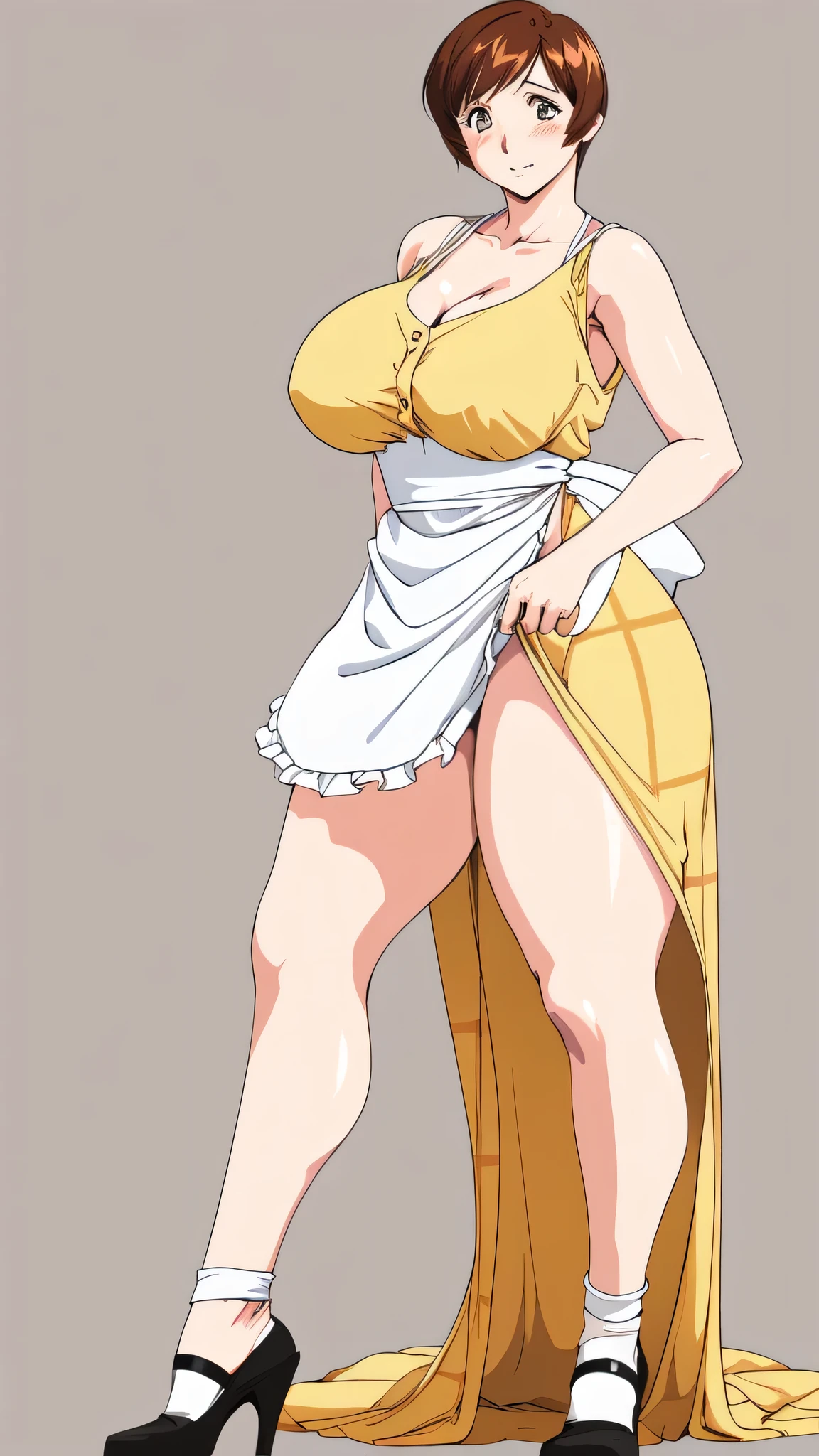 masterpiece, highest quality, High resolution, One Girl, alone, alone, short hair, etsukoto, fine grain, fine grain, (((Thick thighs, Plump thighs, Voluptuous thighs, Thighs are enough))), Big and ample breasts, Cleavage, Huge long breasts, Naughty big,((Big breasts are important))、((Naughty thighs)), L Cup, (thin:1.4),(Tight waist:1.4), (Perfect beautiful yellow dress:1.4), ((white waist apron)), Embarrassed look, White panties, (((Simple Background))), ((Wide Hips)), Shiny, Oily skin, Mature mother, Calf, Seductive mature woman, Perfect body, Plus Size Model, etsukoto, blush, clavicle, retro artstyle, 1990s (style), (((legs slip, bare legs, showing legs))), full body, from side, lift up own knee,
