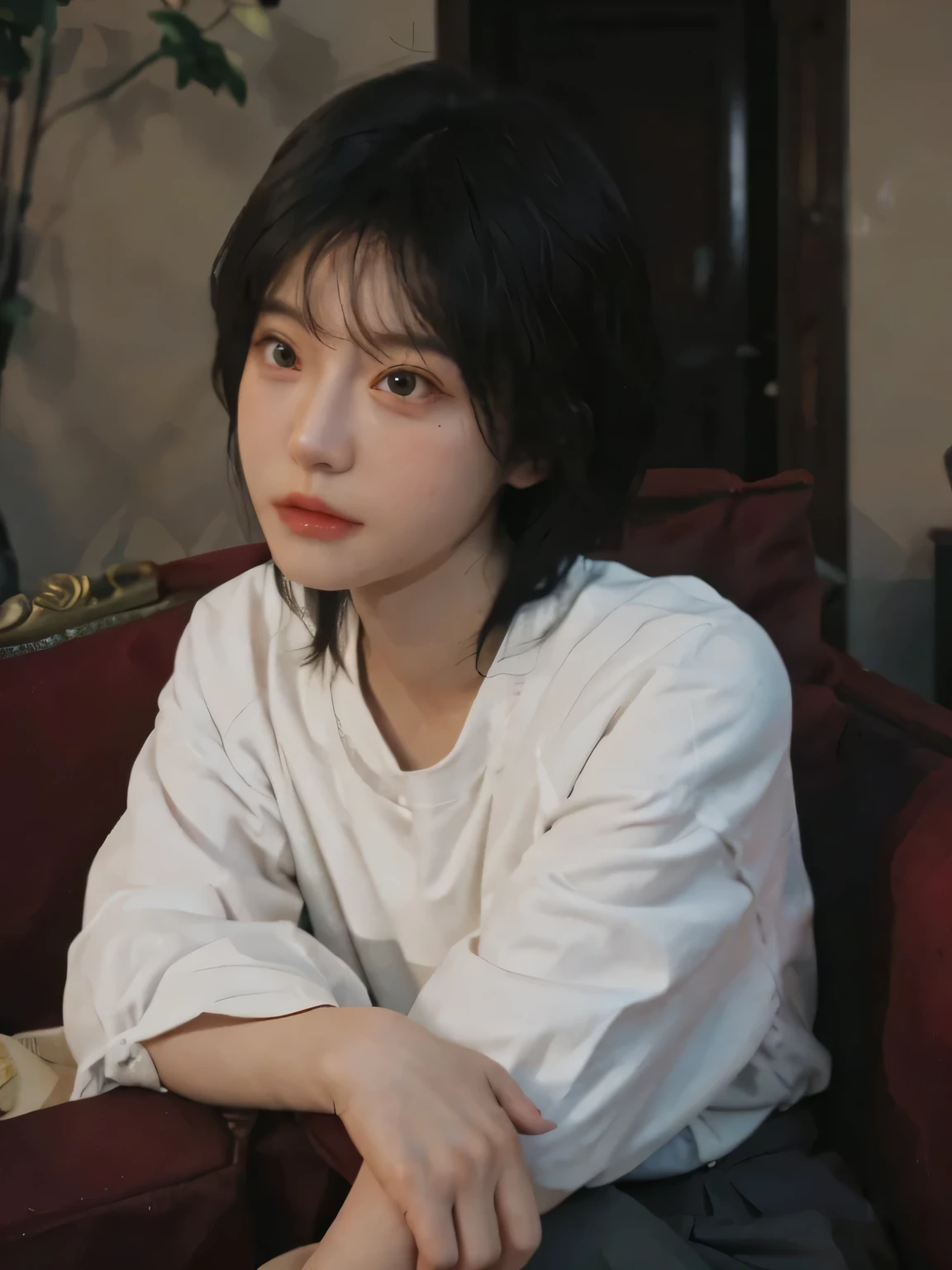 (best quality, 8K, 32k, Perfect body, Super detailed facial details, , Delicateeyes,Royal sisters,Messy short hair,Sitting on the sofa