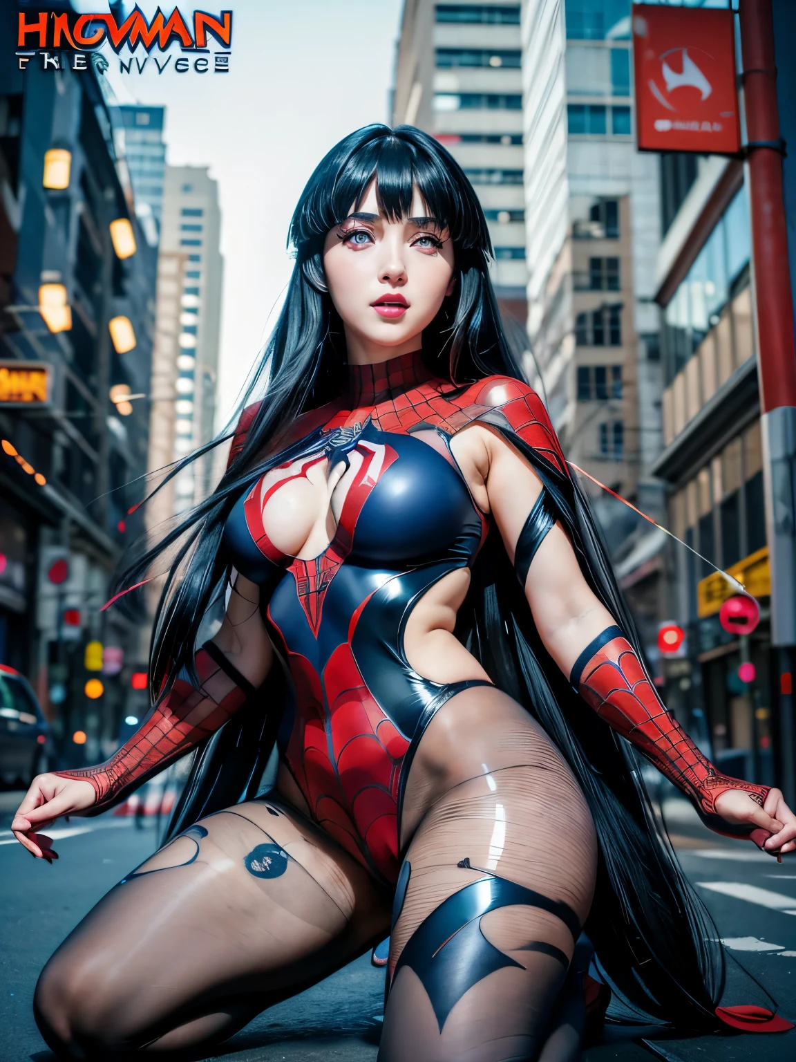 a close up of a person with long hair and a spiderman clothes, hyuga hinata, hyuga hinata from anime naruto shippuden, as an anime character, perfect anime face, she has dark blue hair with bangs, female anime character, anime character, anime best girl, hime cut hairstyle, dark blue hair, wearing a spiderman costume, (red glossy lips:1.3), white eyes, byakugan eyes, smile, realistic, spiderman clothes, ultra detail, city background, (beautiful face:1.3), medium breast, show nipples, show vagina, spread legs.