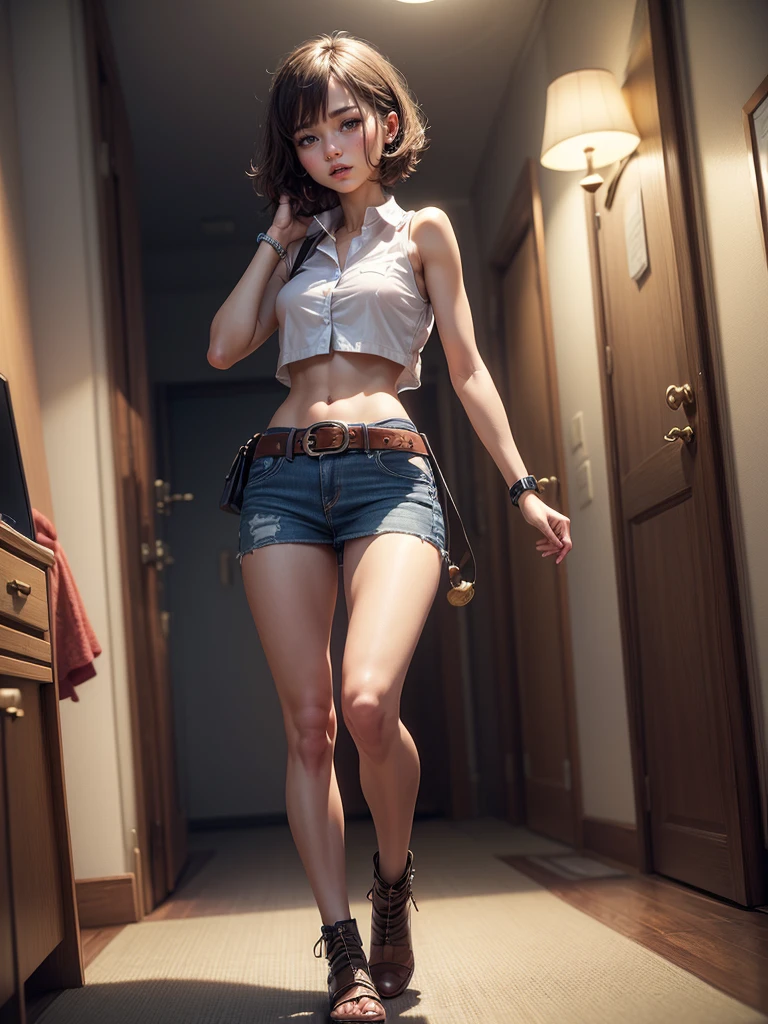 ((One Woman, Age 35)),(( alone:1.5)),Black Short Hair,(((Slim body:1.2))),((Small breasts:1.2)),((Watches on both wrists:1.3)),((White tight sleeveless collared shirt:1.2)),(Brand new denim mini skirt:1.3),((Brown belt:1.3)),((Alluring face:1.2)),((Blushed face:1.0)), ((Open your mouth:1.0)),Night Light, 8k, masterpiece:1.2, Very detailed, Realistic:1.37, Full HD, Background of Japanese-style room at night,Full body shot taken from the front,Are standing