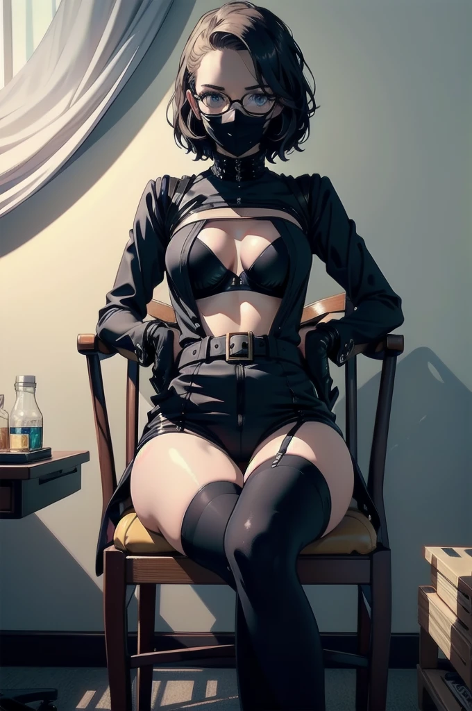 (masterpiece, highest quality, High resolution, Super detailed, 8k, 4K), Art Book、Black Nurse、Black long gloves、Black garter stockings、Black Mask、Full body tattoos、(operating room)((Black glasses))、Black nurse uniform、Small breasts、Shiny Costumes、Black Bra、Black shorts、Sit on a chair、((Angle from crotch))Black Nurse Cap、Have a medical record