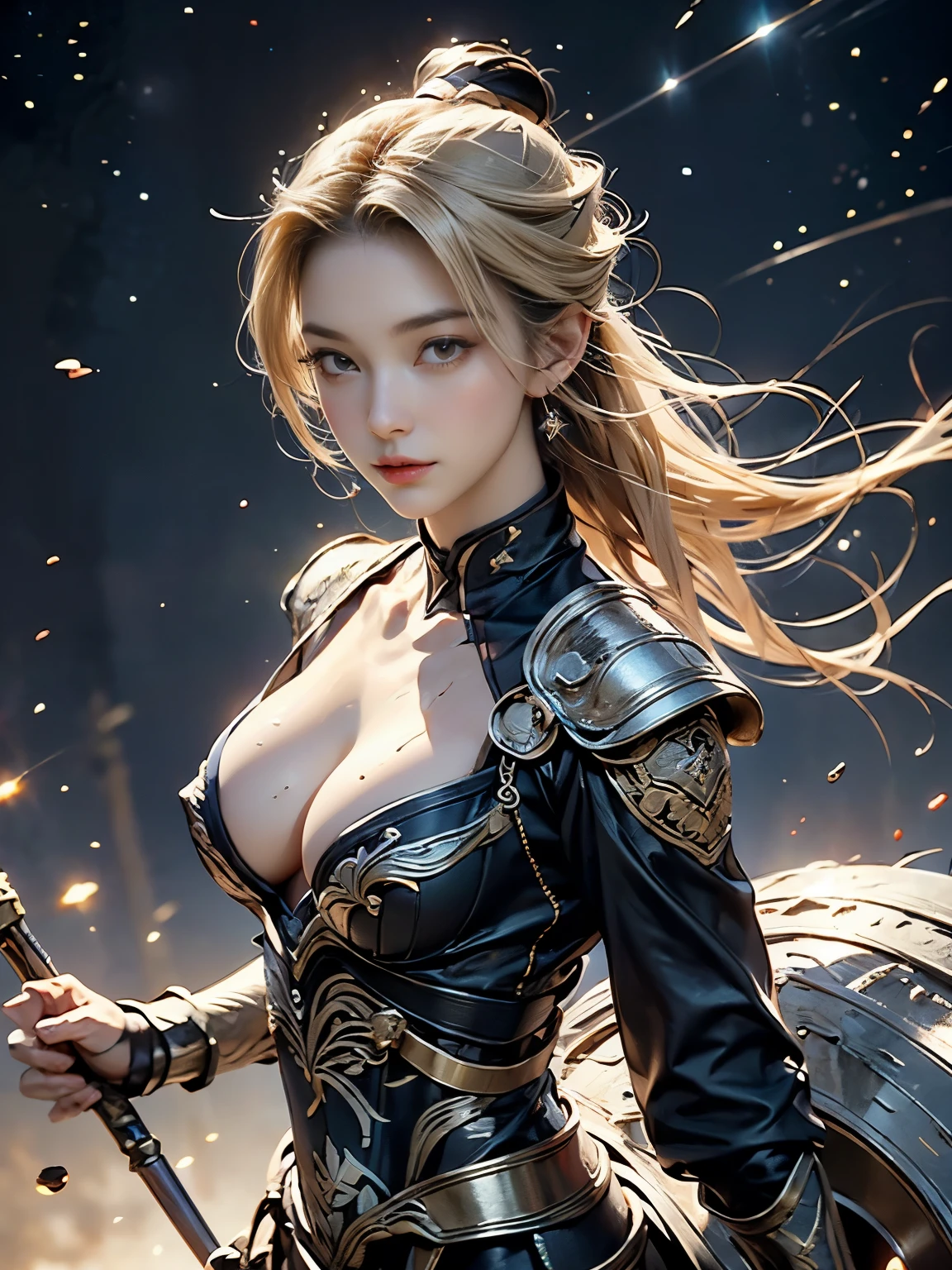 Zerg Queen Beautiful Girl: Ranlinger, 18 years old, (valkyrie:1.6), Messy Hair, oil, Romanticism painting, beautiful Perfect Face, Soft Skin, Perfect Face, Yasutomo Oka's painting style, Big firm Breasts, hard nipples, metal armor, The chest of the armor is wide open, holding long spear, breasts exposed, cleavage is exposed, Add light purple and purple, Add Light Red, Intricate details, Splash screen, 8K resolution, masterpiece, Serious, Sharp Eyes, Break, Blonde,  dynamic sexy poses, sweat, long red cape, (mysterious magic circle background, universe, stars, colorful star lights:1.3), Colorful background, universe, Sharp Eyes, Break, Blonde, dynamic sexy poses, fly, sweat, Strong winds, Colorful light,