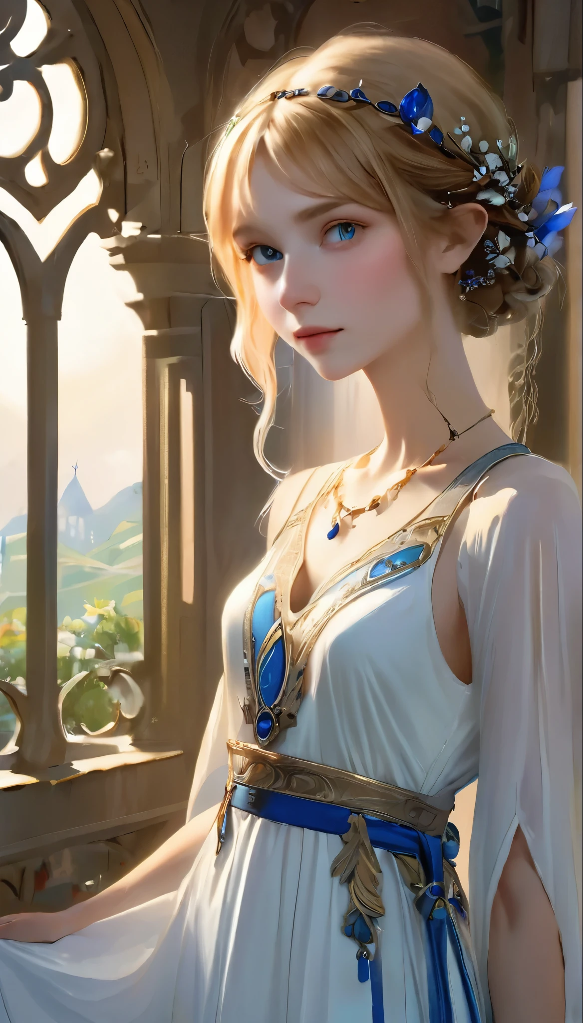 Waist shot of a female elf, complicated, Thin face, elegant, Wear a sapphire necklace, White Lightweight dress with straps, To the camera, Very detailed, Digital Painting, Art Station, Concept Art, Smooth, Sharp focus, shape, art jam、Greg Rutkowski、Art by Alphonse Mucha, 8k, Volumetric Fog, bloom, Light, lumen, Crank Blur