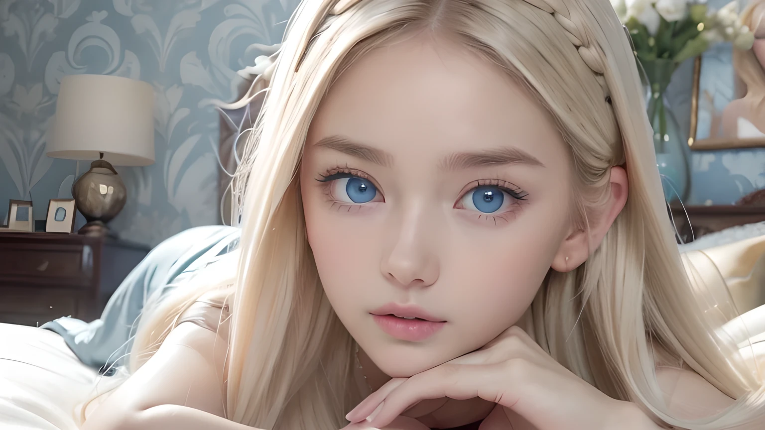 A very white and beautiful 20 year old blonde girl、masterpiece, highest quality, shape, Ultra-fine detail, Natural platinum blonde with a natural shine、Super long straight silky hair、Super long hair like Rapunzel、Hair tangled all over the body、Messy bangs on the eyes,、Face-covering bangs、bangs、High resolution, 8K TV Wallpaper, Perfect dynamic composition, Beautifully detailed large light blue eyes , Very big eyes、of hotel(bed)、Small Face Beauty、Round face、On all fours、double eyelid