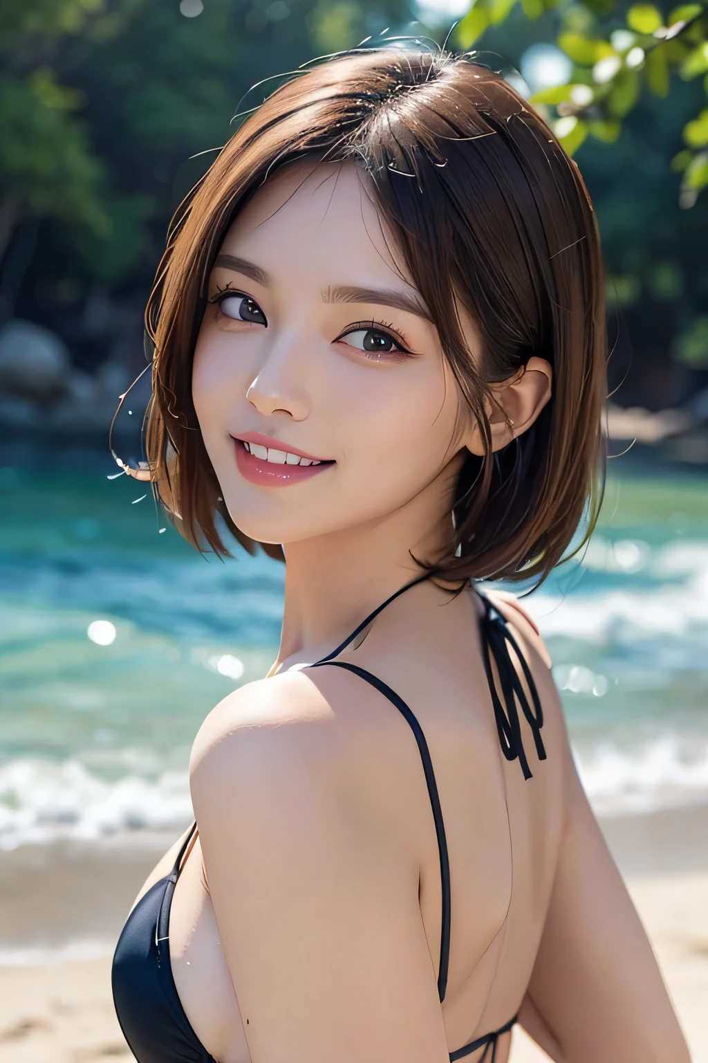 (8k, RAW Photos, highest quality, masterpiece, Realistic, Realistic), (1 female), (The ultimate beautiful middle-aged woman), Highly detailed face, (Perfect Teeth), Beautiful Eyes, double eyelid, eyelash, smile, Lip details, Brunette Bob, The light shines on your face, ((Micro Bikini)), ((Cowboy Shot)), (background: none), ((backgroundぼかし))