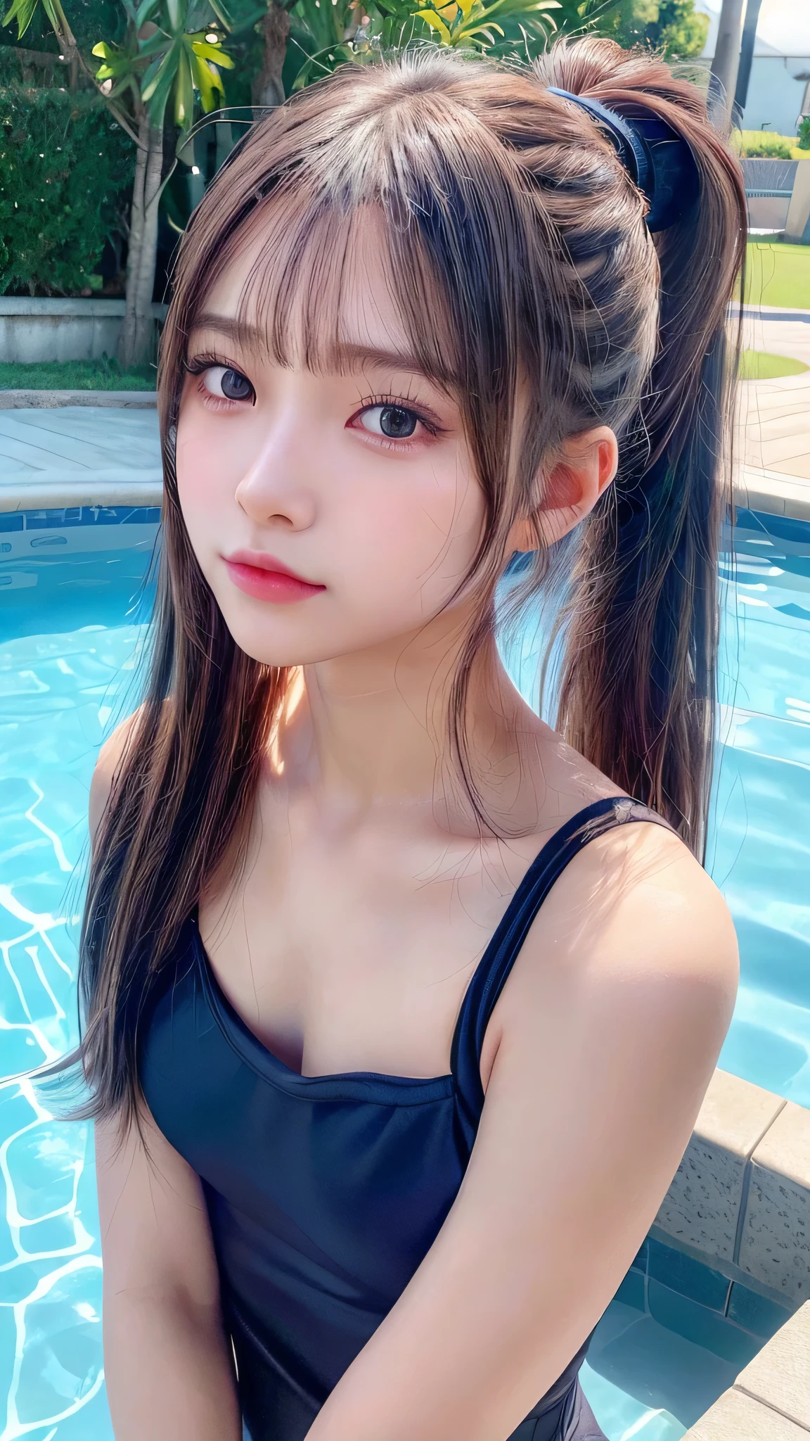 school navy blue one-piece swimsuit,less exposure of the body,Small breasts,,School poolside,Close-up of face,Outdoor,Blushing,Facing forward,,Long hair ponytail,((8K, Raw photo, Best Quality, Mastepiece:1.2), (Realism, Photorealistic:1.4), (Highly detailed 8k wallpaper), Depth of written boundary, Cinematic Lighting, Soft Light, Detailed Beauty Eye,Shiny and smooth light brown ponytail, Asymmetrical bangs, Shiny skin, Ultra-detailed skins ,It is high resolution., High detail, Detailed hairstyle, Detailed facial beauty, Hyper-realistic, Perfect limbs, Perfect Anatomy ,1 Japanese girl,Famous Japanese Idols, Perfect female body,A shy smile,Short eyelashes,Double-edged eyelids,Look straight here,Hair style: ponytail,