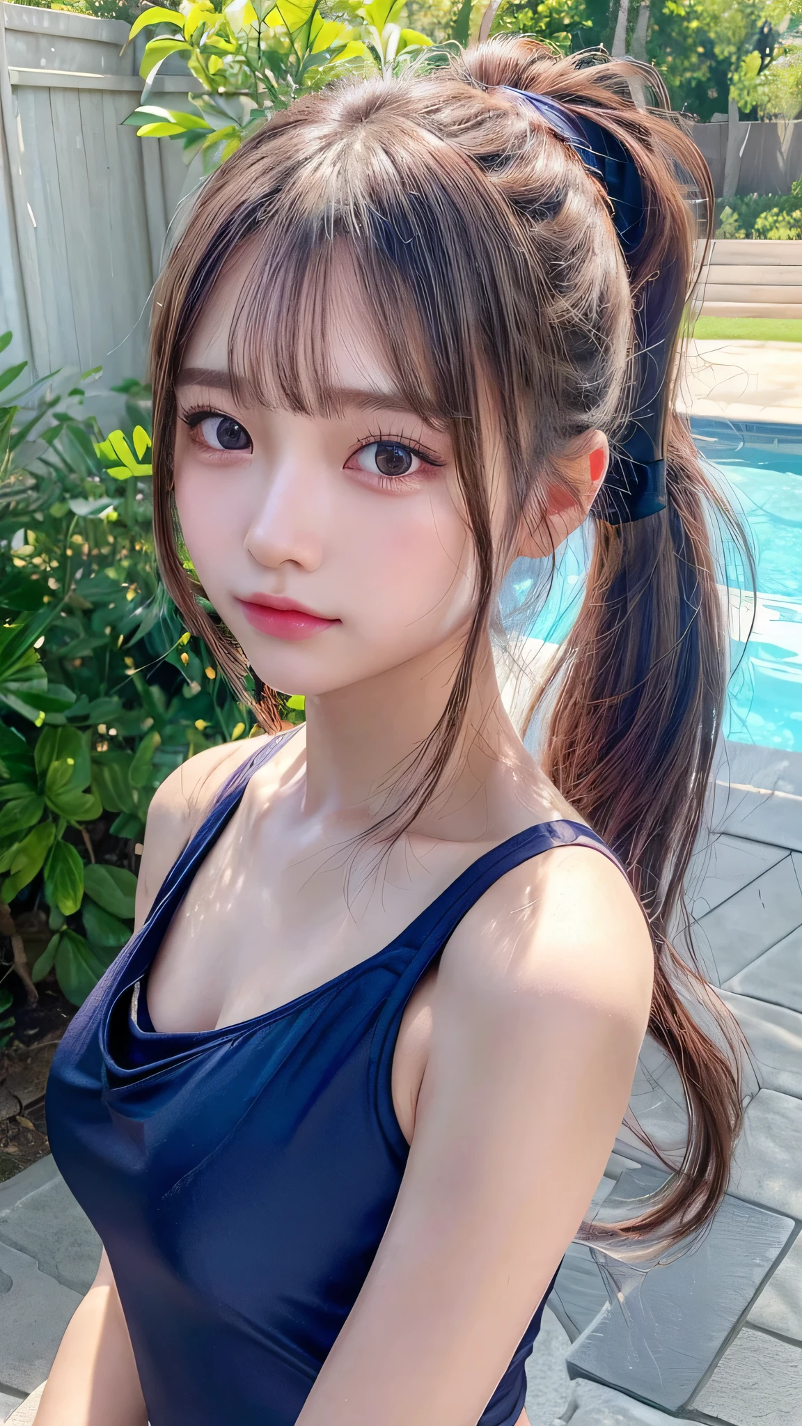 school navy blue one-piece swimsuit,less exposure of the body,Small breasts,14 years old,School poolside,Close-up of face,Outdoor,Blushing,Facing forward,,Long hair ponytail,((8K, Raw photo, Best Quality, Mastepiece:1.2), (Realism, Photorealistic:1.4), (Highly detailed 8k wallpaper), Depth of written boundary, Cinematic Lighting, Soft Light, Detailed Beauty Eye,Shiny and smooth light brown ponytail, Asymmetrical bangs, Shiny skin, Ultra-detailed skins ,It is high resolution., High detail, Detailed hairstyle, Detailed facial beauty, Hyper-realistic, Perfect limbs, Perfect Anatomy ,1 Japanese girl,Famous Japanese Idols, Perfect female body,A shy smile,Short eyelashes,Double-edged eyelids,Look straight here,Hair style: ponytail,