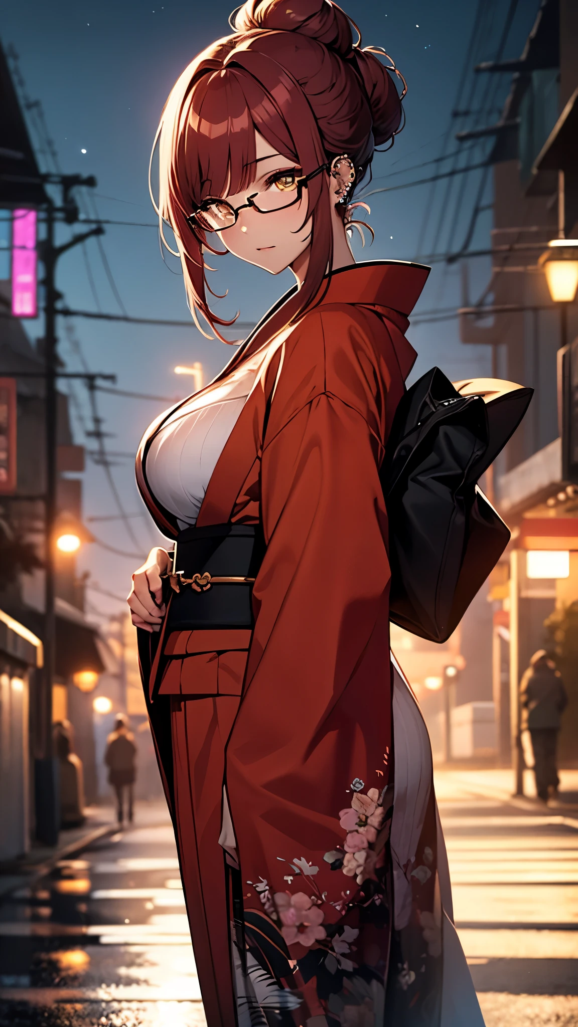 (1girl:1.3), Masterpiece, Best quality, amazing beauty, [[3D]], 4K, absurdres, finely detail, super detailed eye, perfect anatomy, official art, cinematic lighting, BREAK, Night of the full moon, silky bun hairstyle, blunt bangs, red hair, super shiny detailed yellow eyes, cute eyes, thin eyebrow, Staring, facing this way, close-mouth, rouge, Eyeshadow, glasses, piercing, embarrassed, BREAK , big breasts, tall, slim, fair skin, glistening skin, walking, full body, from side, wearing a kimono, Kimono of extreme colors, Spotlight, BREAK , , BREAK,(Glasses)