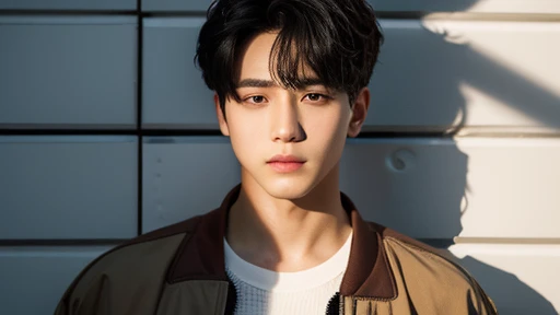 (Highly realistic photos, concentrate、High resolution, Detailed face, Detailed Hair,fine grain), ((Shooting in front of a wall))、Japanese men, 20-year-old, One boy,Only one person is in the photo、Natural look、 Windbreaker ,   Upper body portrait,masterpiece,Kim Tae-hyung,Kim Taehyung\(BTS\),Stage makeup,Fair skin,Broad shoulders:1.5,(Black Hair, :1.2),shy,The gallery's sophisticated lighting focuses on the artwork and him, creating a dramatic interplay of shadows and light --ar 3:4 --style raw --stylize 250