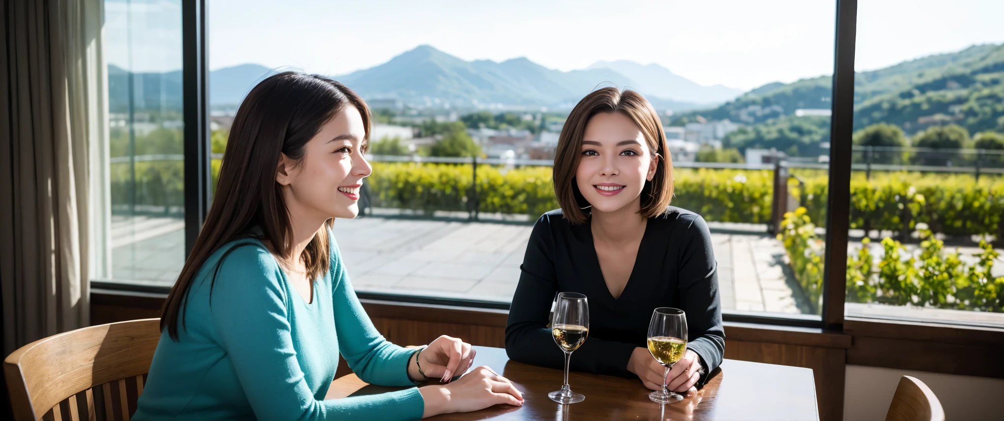 ((highest quality、8k、masterpiece:1.3))、1 male、1 female、Couple、spouse、Couple、Slim body、((Bob Hale、Straight hair:1.2)), (Realistic, Intricate details:1.2), Wine glass on the table、Shine light on your face、 Amazing view of the sunset sky and clouds、Amazing mountain views、A bright smile、The wonderfulness of smile、Bright image、The beauty of wine, Beautiful Face, blue eyes, The light shines on your face, Blushing, short hair,Bright Face、 (Age 37), 39 years old, red wine 、Appetizers、Italian food、Wine bottle、Champagne、sparkling wine、Two beauties、Brown Hair、Shortcuts、Long sleeve shirt、dress、Pretty Woman 1, (Slim face), (The body is slim), (Brown Hair), (Shortcuts), cheeks turn a little red,Attractive beauty、restaurant, In a prominent place (From the waist up) Nova Frog Style, actress, model, Upper Body, White wine, slim, wine glass, Wine glass placed in the center, smile, (smile: 1.15), Beautiful fine grain, Depth f/2,saturation, High Contrast, Strong light and shadow,Moist Body:1.5、3D texture、Delicate eyes、Brown Hair、The hair is very shiny、